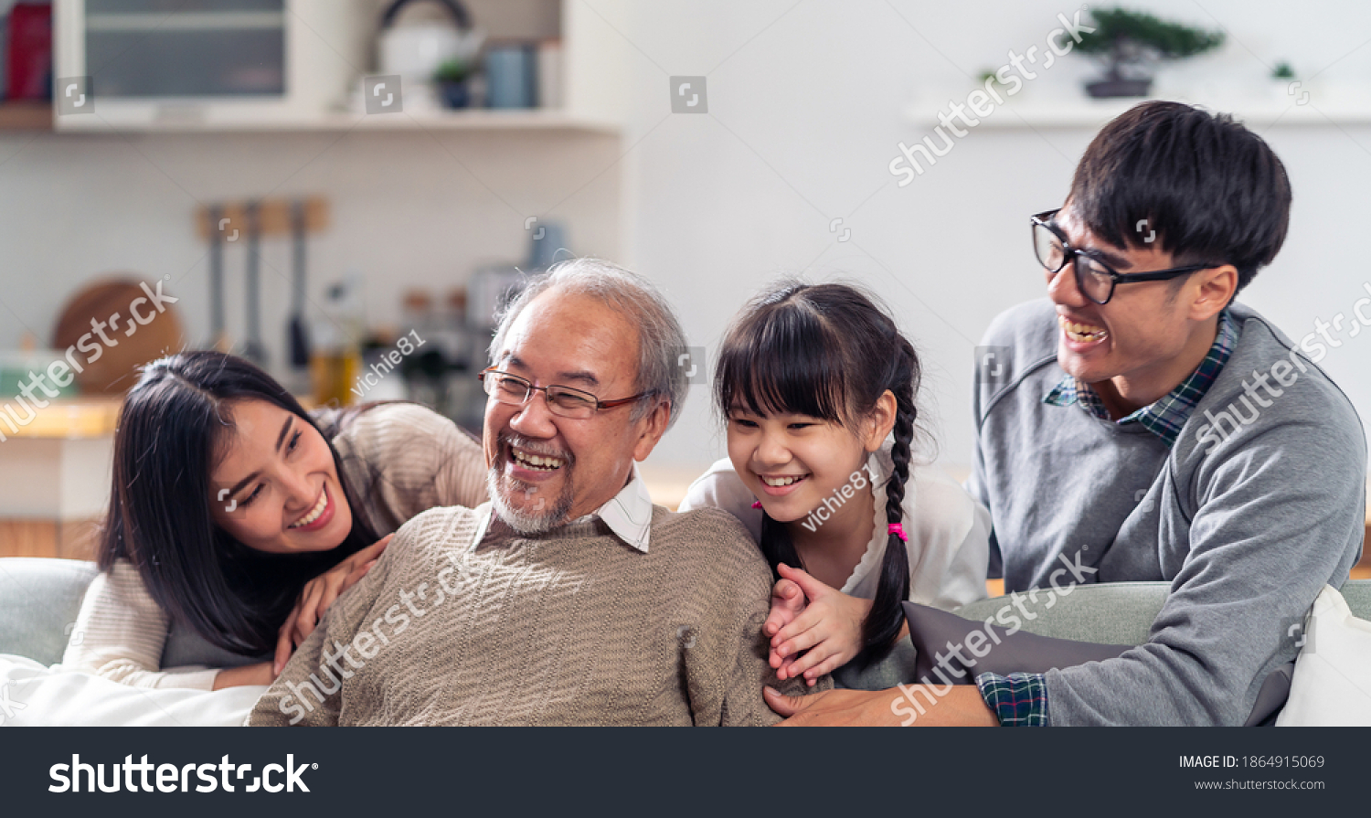 Panorama Group Portrait Happy Multigenerational Asian Stock Photo ...