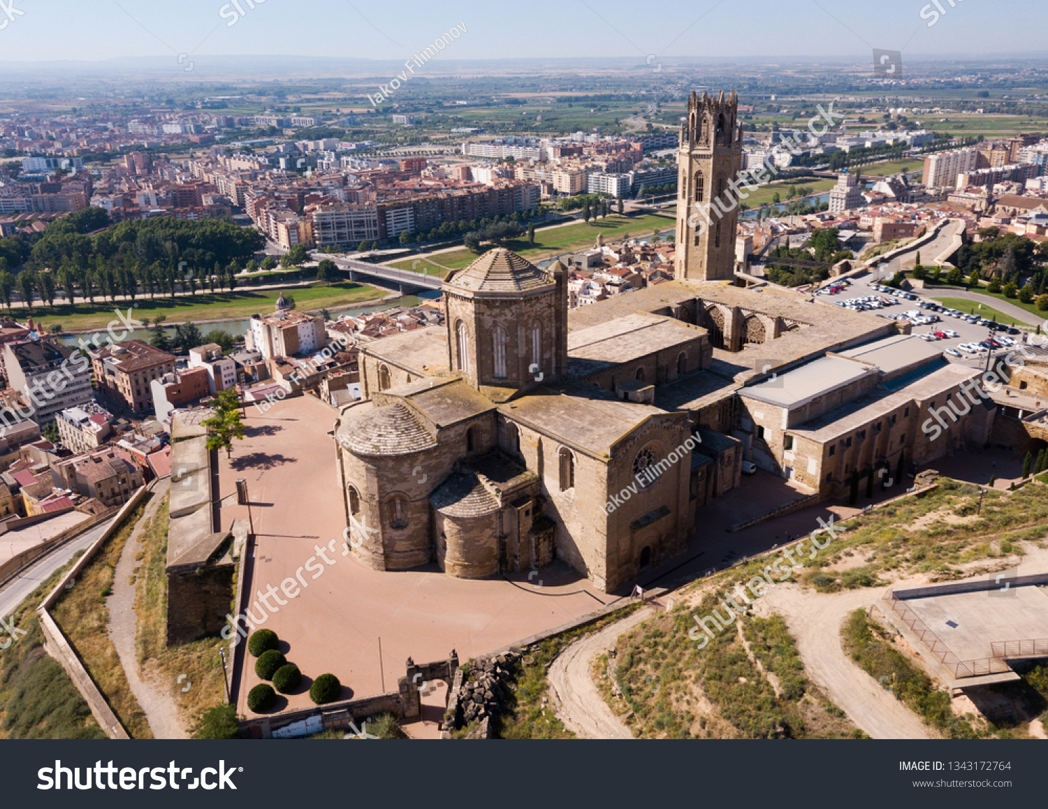 Panoramic view from drone of Catalan city of Lleida with medieval Cathedral of St. Mary of La Seu Vella