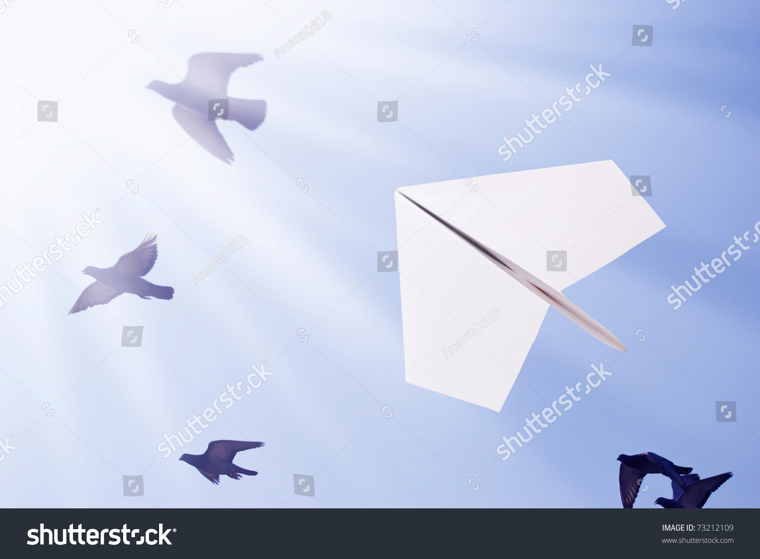 Paper Airplane Flying With Birds Toward To The Sun Stock Photo 73212109 ...