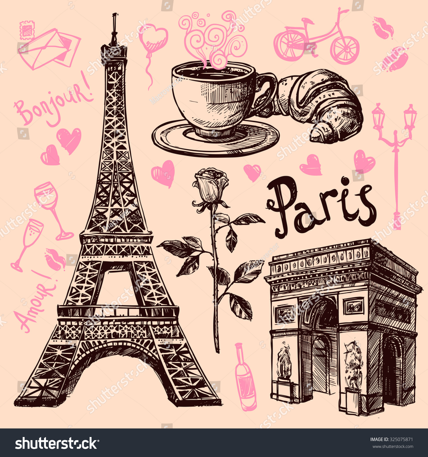 Paris Eiffel Tower Bakery Hand Drawing Stock Illustration