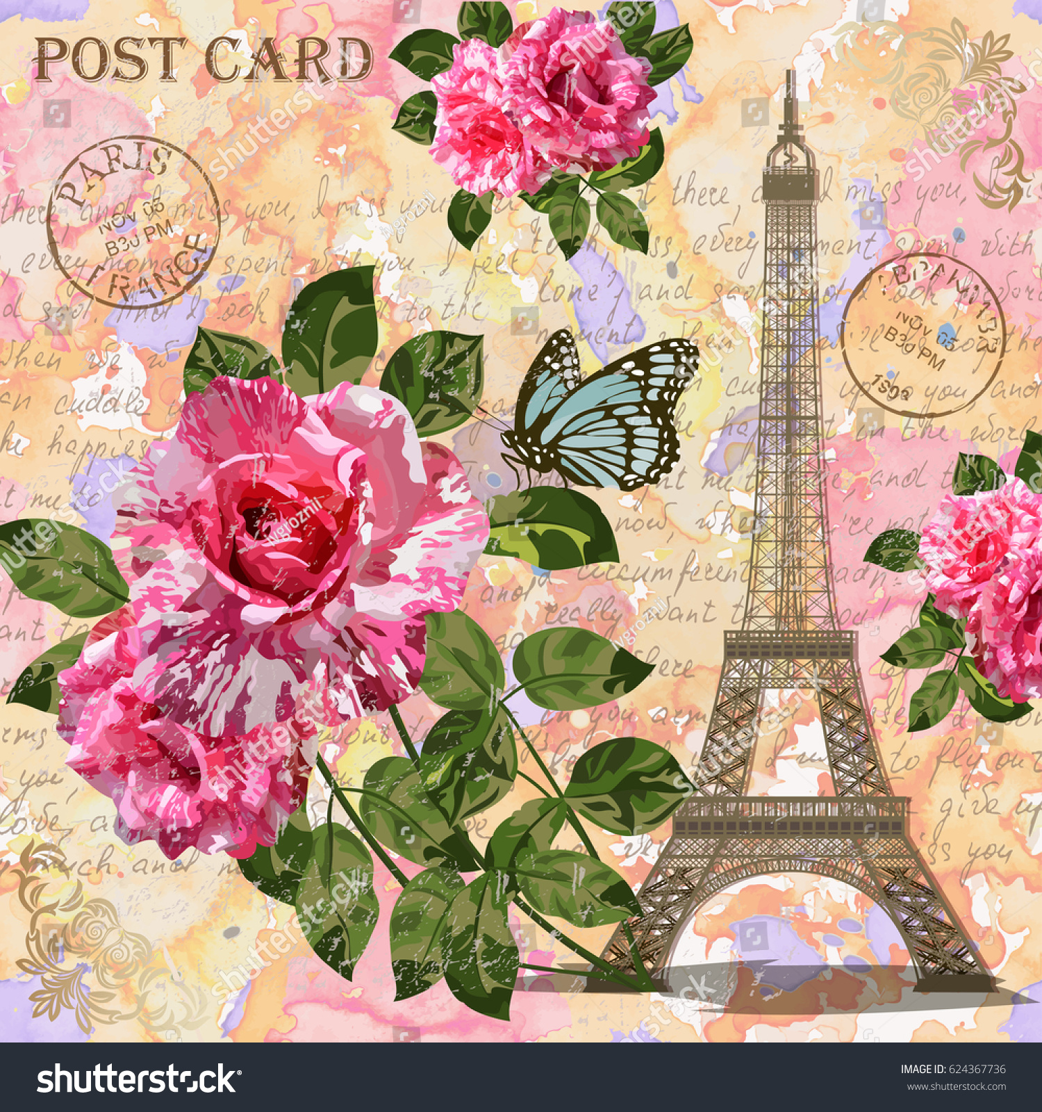 Paris Vintage Postcard Stock Illustration 624367736 - Shutterstock