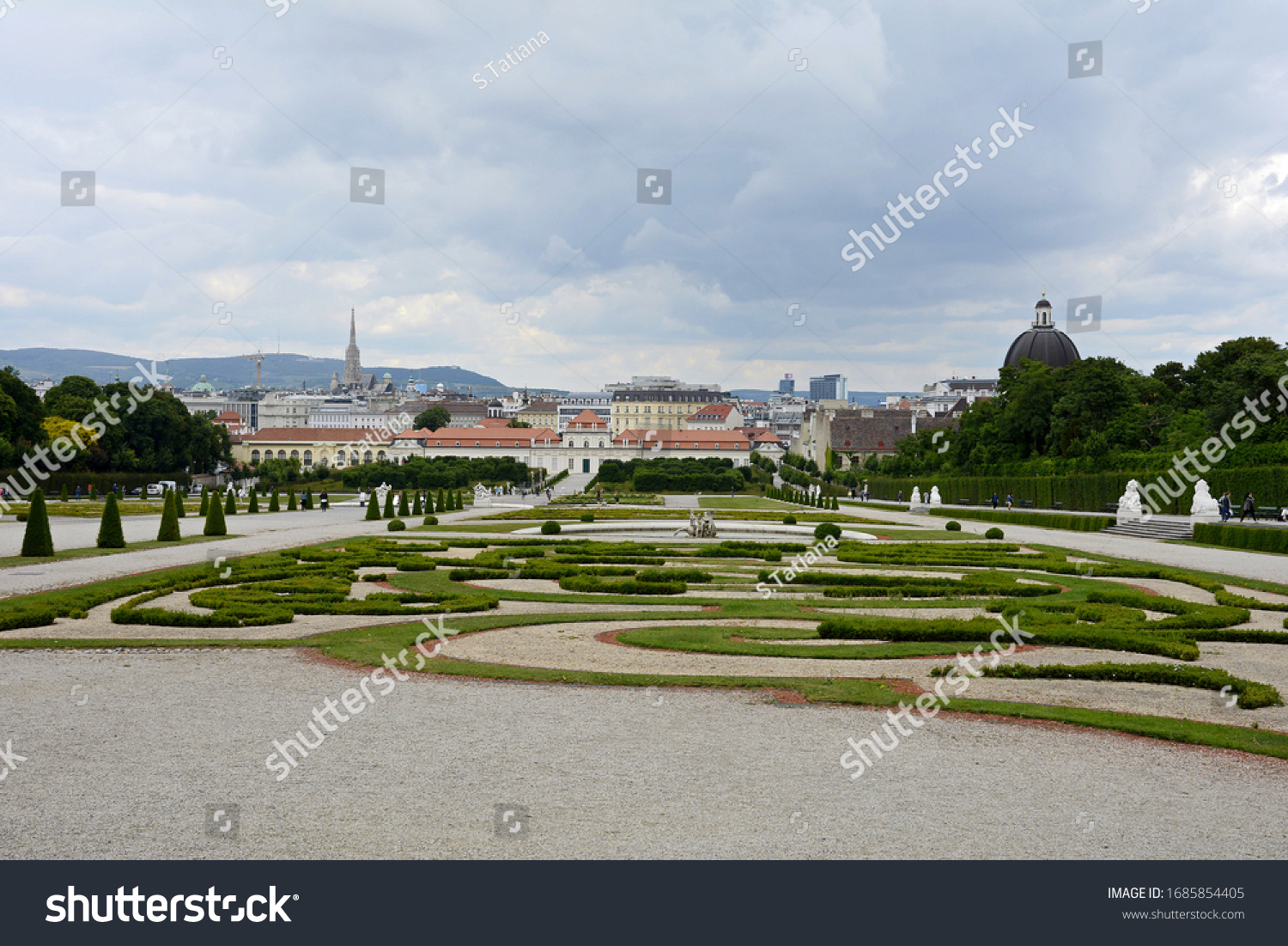 Living quarters of Prince Eugene of Savoy. Baroque palace complex. Alpine garden. Trees, hedges, sculptures, fountains and cascades. Park and Lower Belvedere Palace. Vienna. Austria.