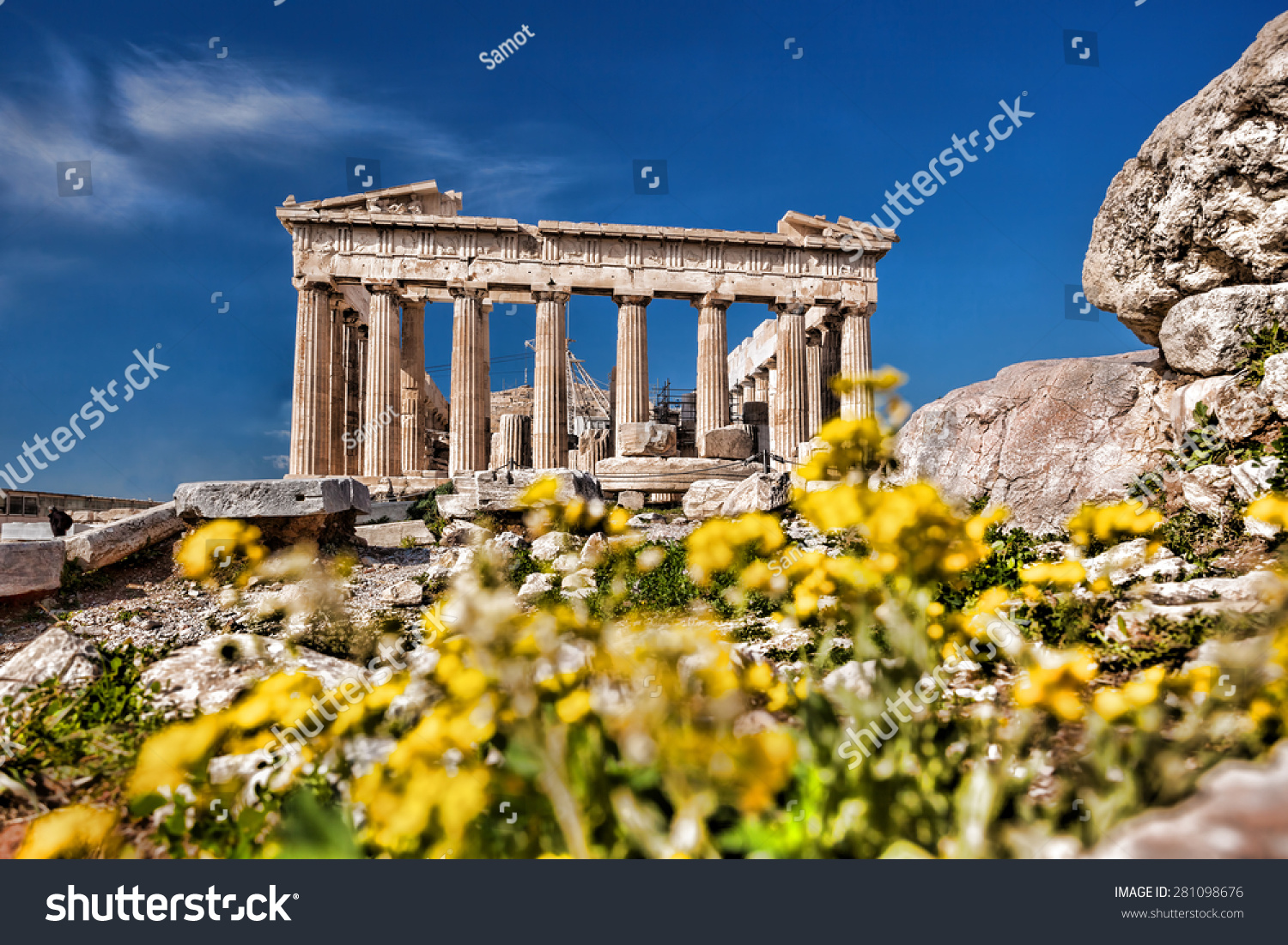 Parthenon Temple With Spring Flowers On The Acropolis In Athens, Greece ...