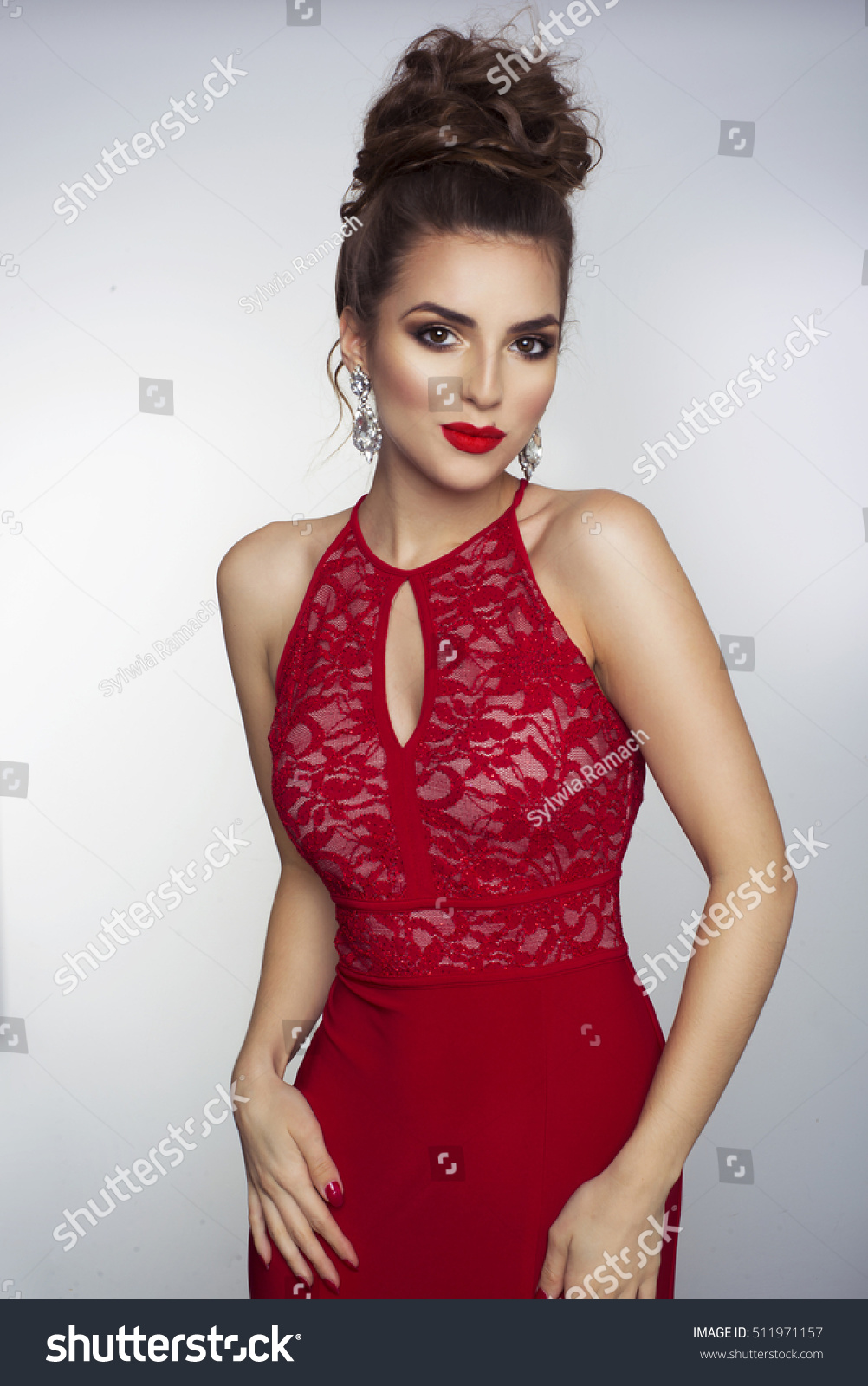 Party Photo Of Elegance Sexy Lady In Red Dress With Red Lips And Brunette Beautiful Hair Party Photo Of Elegance Sexy Lady In Red Dress With Red Lips And Brunette Beautiful Hair