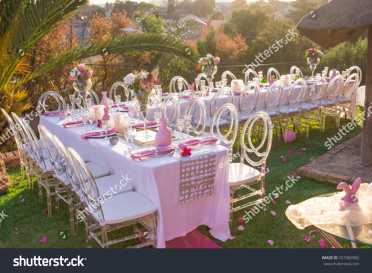 Party Tables Chairs Seating Pink Decorations Stock Photo