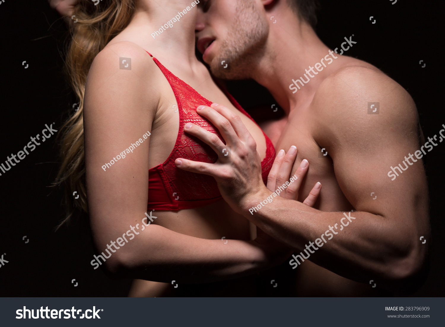Passionate Man Kissing Woman Red Lingerie Stock Photo Edit Now 283796909