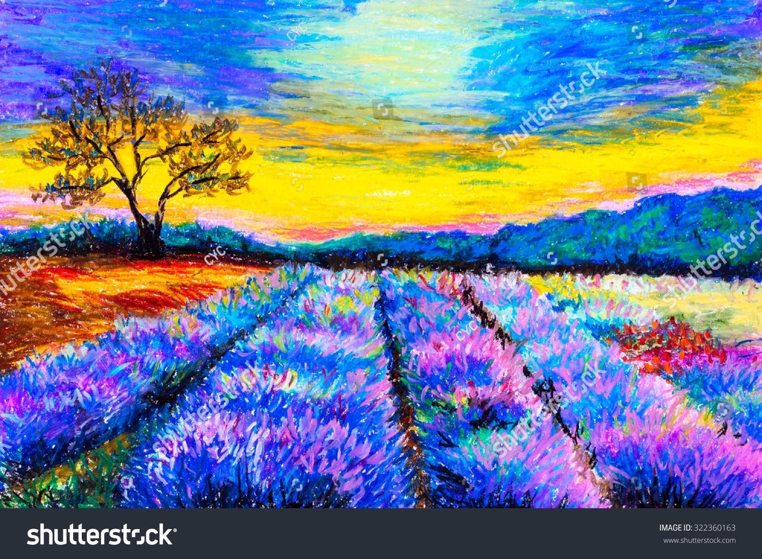 Pastel Painting - Lavender Field At Provence, France Stock Photo ...