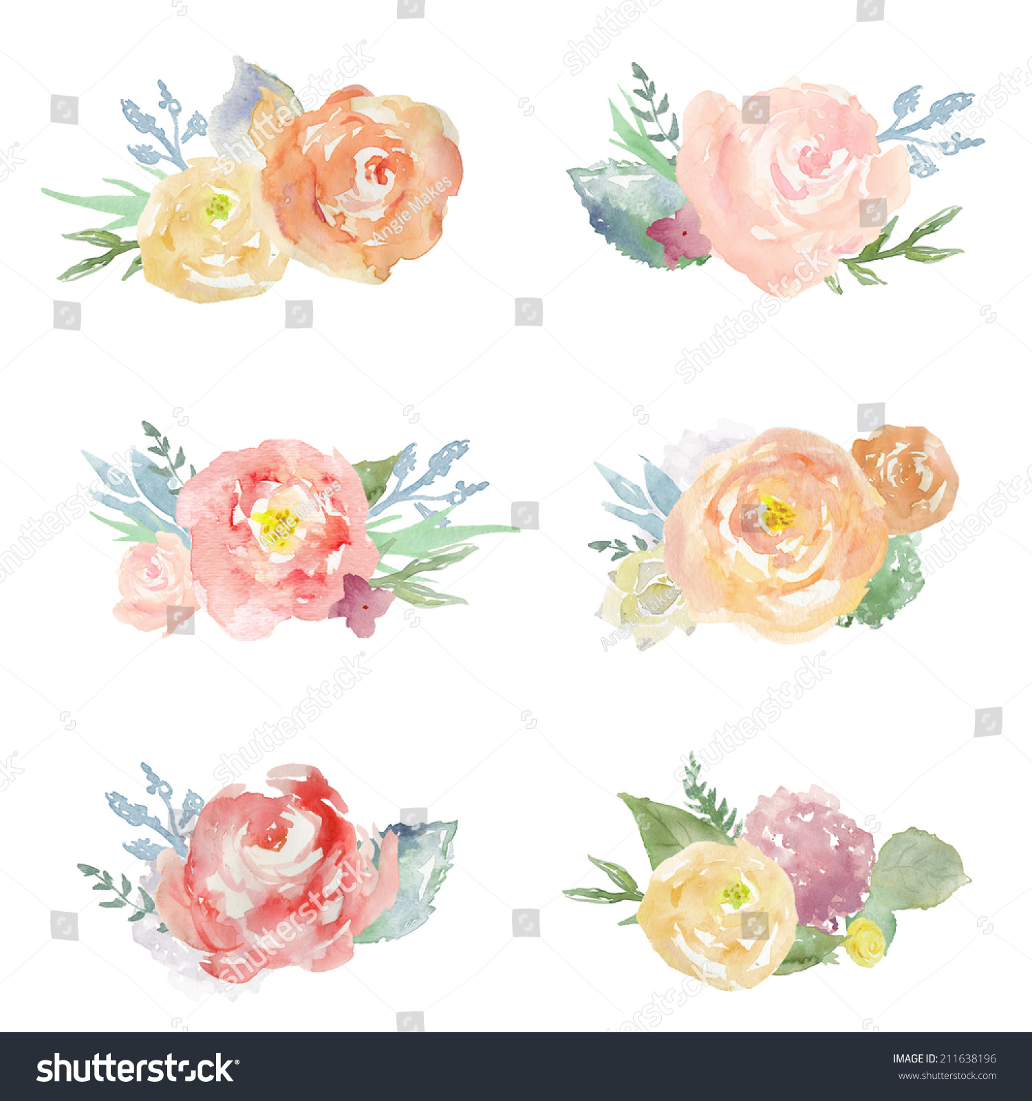 Pastel Watercolor Floral Bunches Bunches Flowers Stock Illustration ...