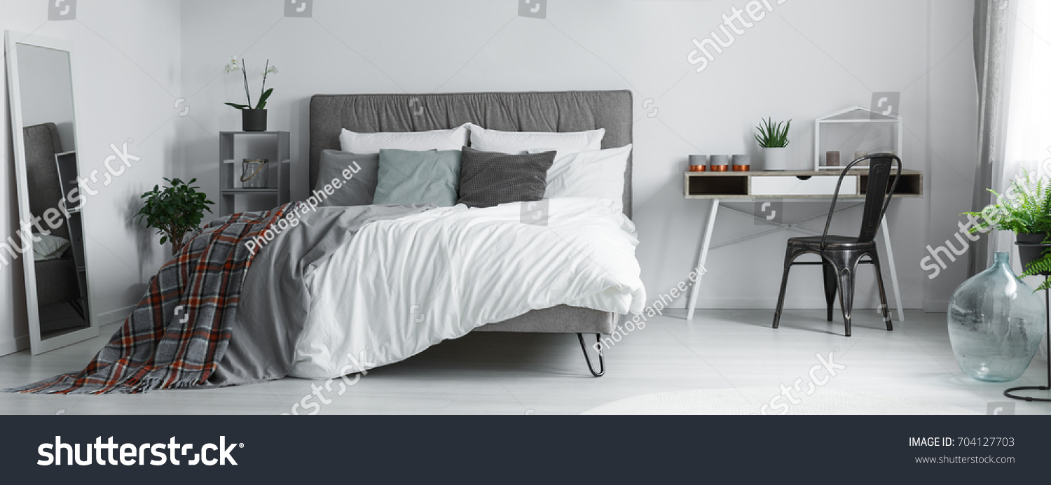 patterned blanket grey bedroom black designed stock photo