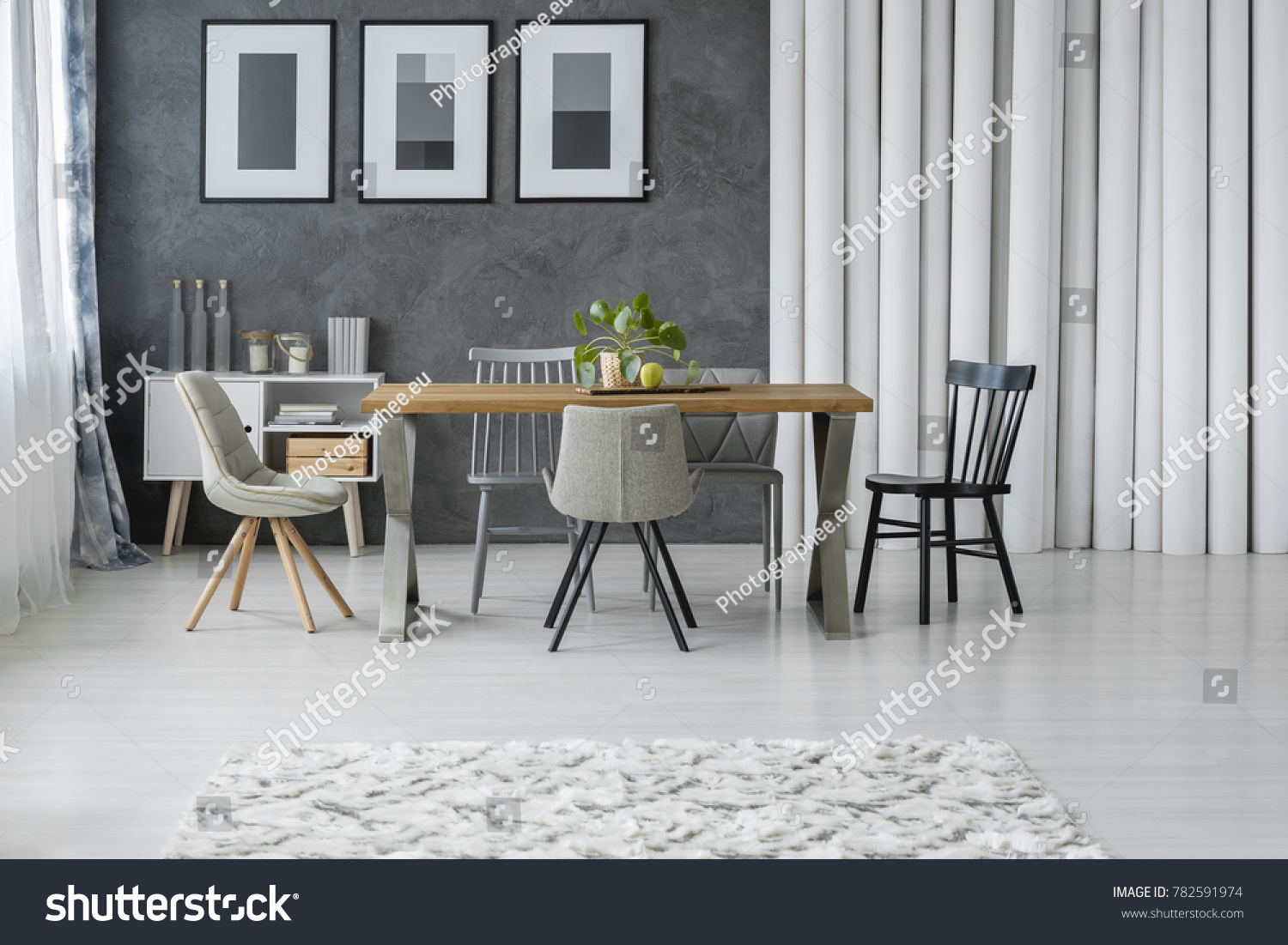 Patterned Carpet Grey Dining Room Wooden Stock Photo 782591974