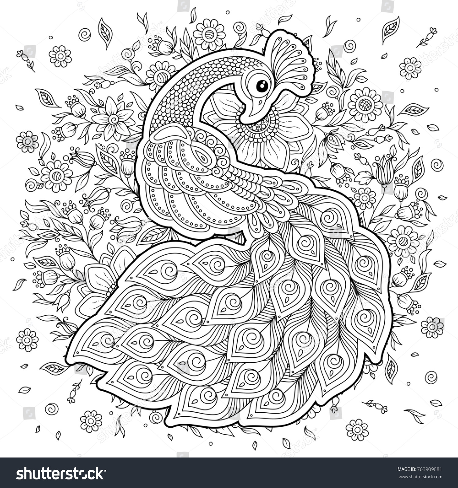 Peacock Zentangle Style Adult Antistress Coloring Stock Illustration ...