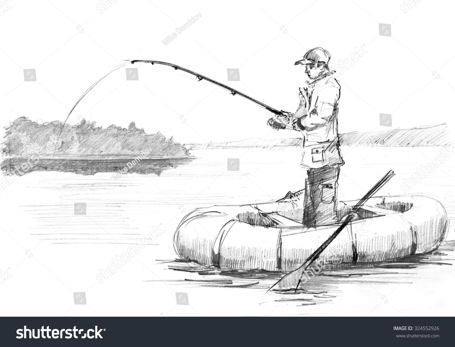 Pencil Drawing Fisherman Rod Fishing On Stock Illustration 