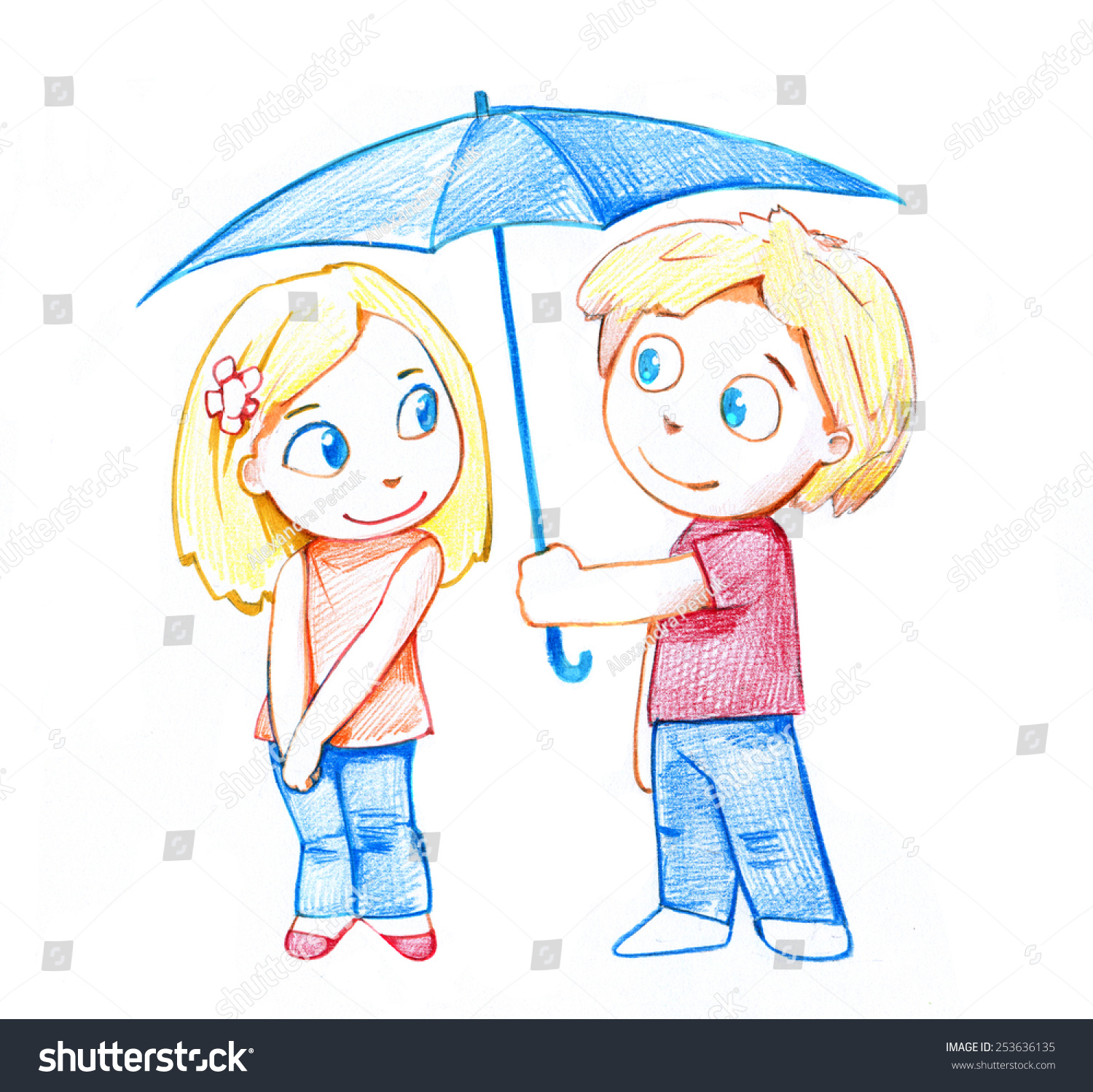 Pencil drawing of a guy and the girl under an umbrella
