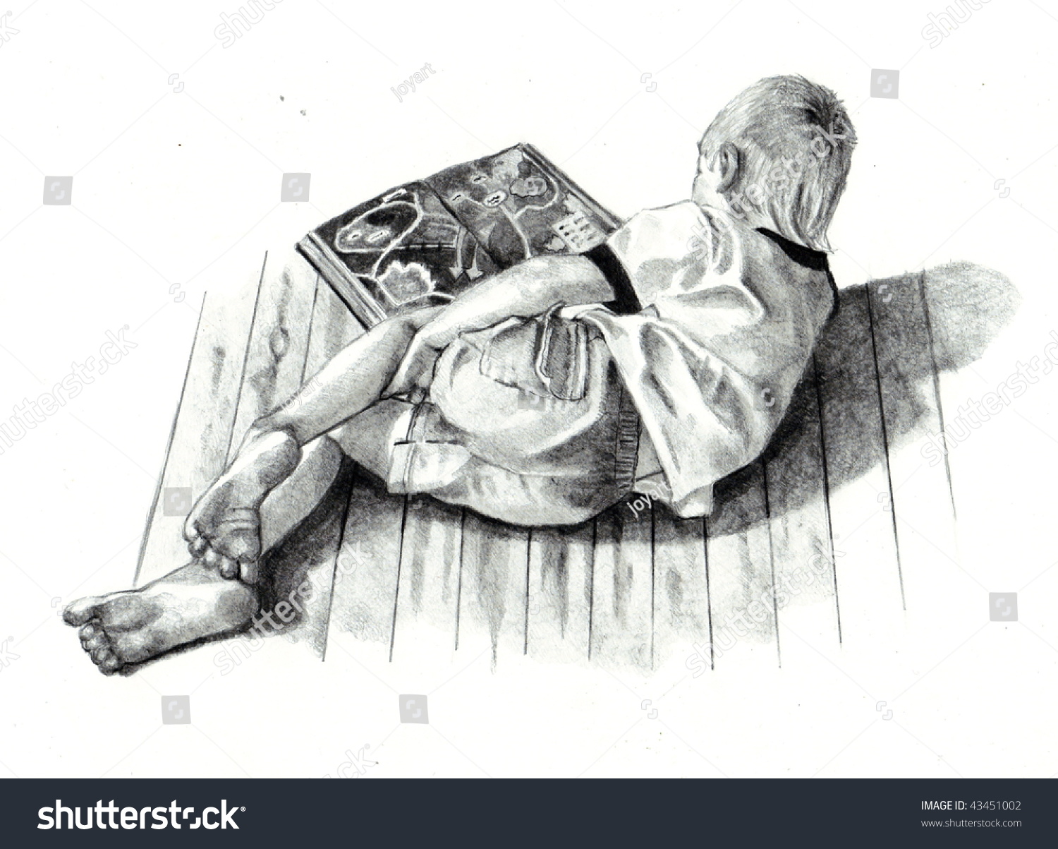 Pencil drawing of boy reading book