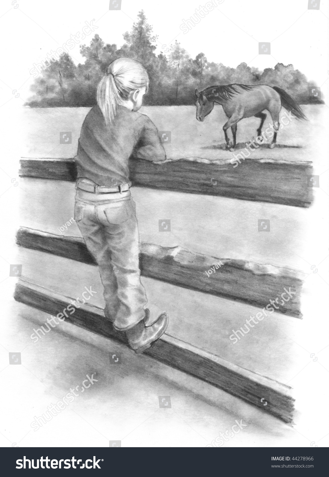 Pencil Drawing Girl Horse Stock Illustration 44278966