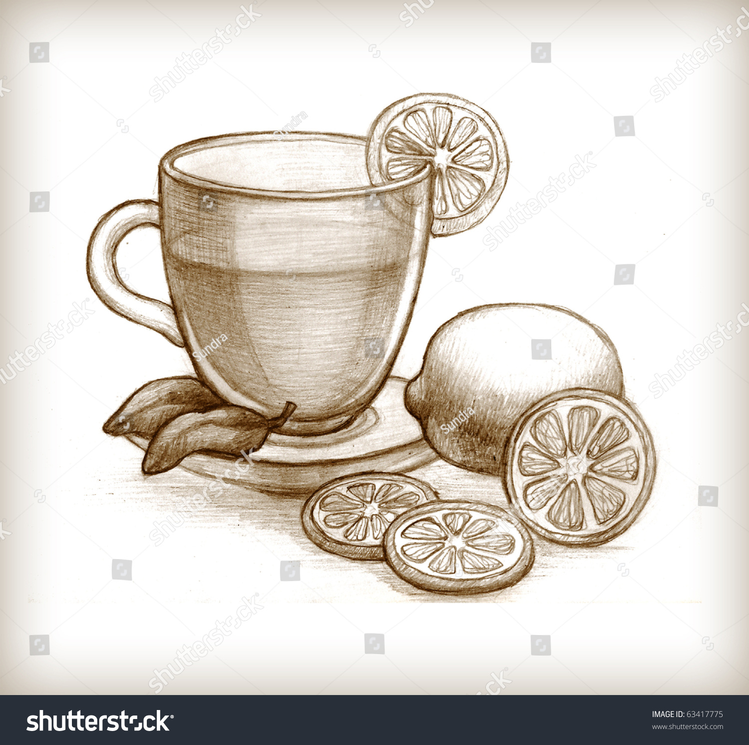  Pencil Drawing Glass Cup Tea Lemon Stock Illustration 