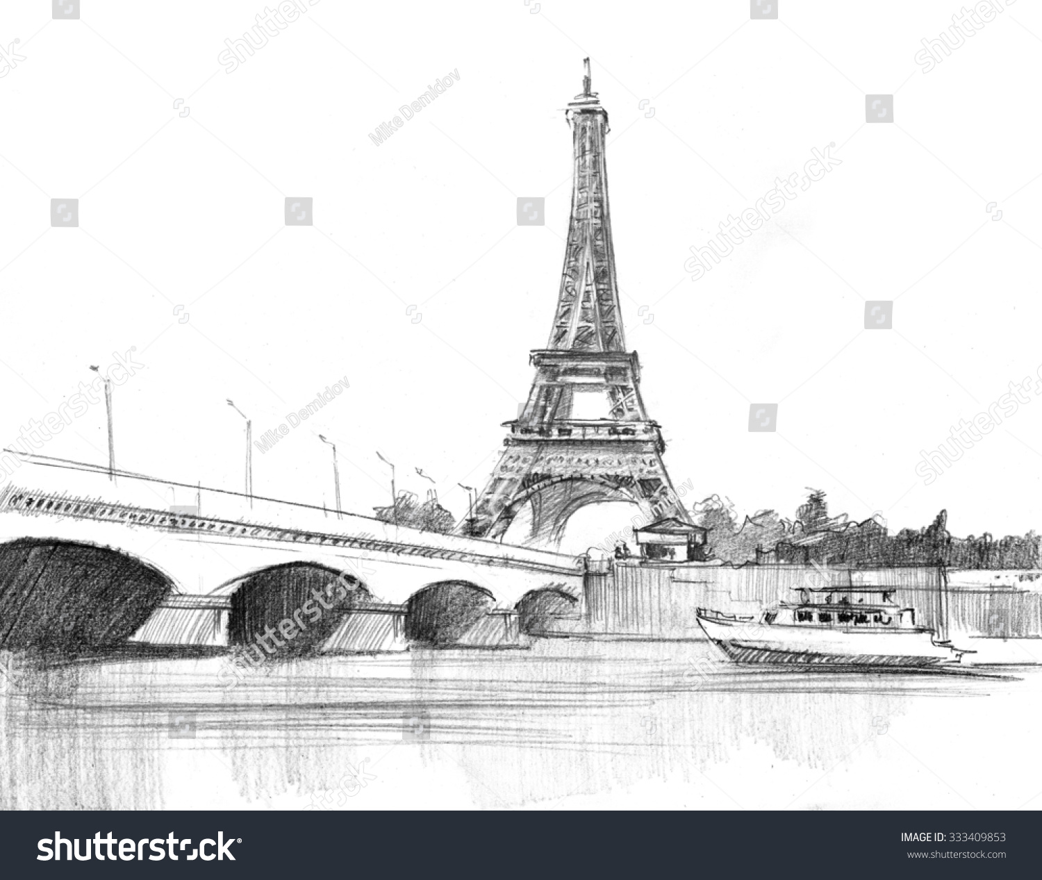 橋の上にあるパリのエッフェル塔の大聖堂の鉛筆画 のイラスト素材