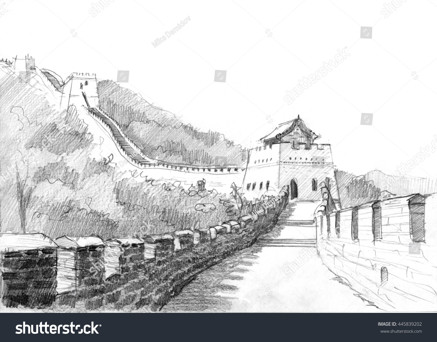 Pencil Drawing Great Wall China Mountains Stock Illustration 445839202