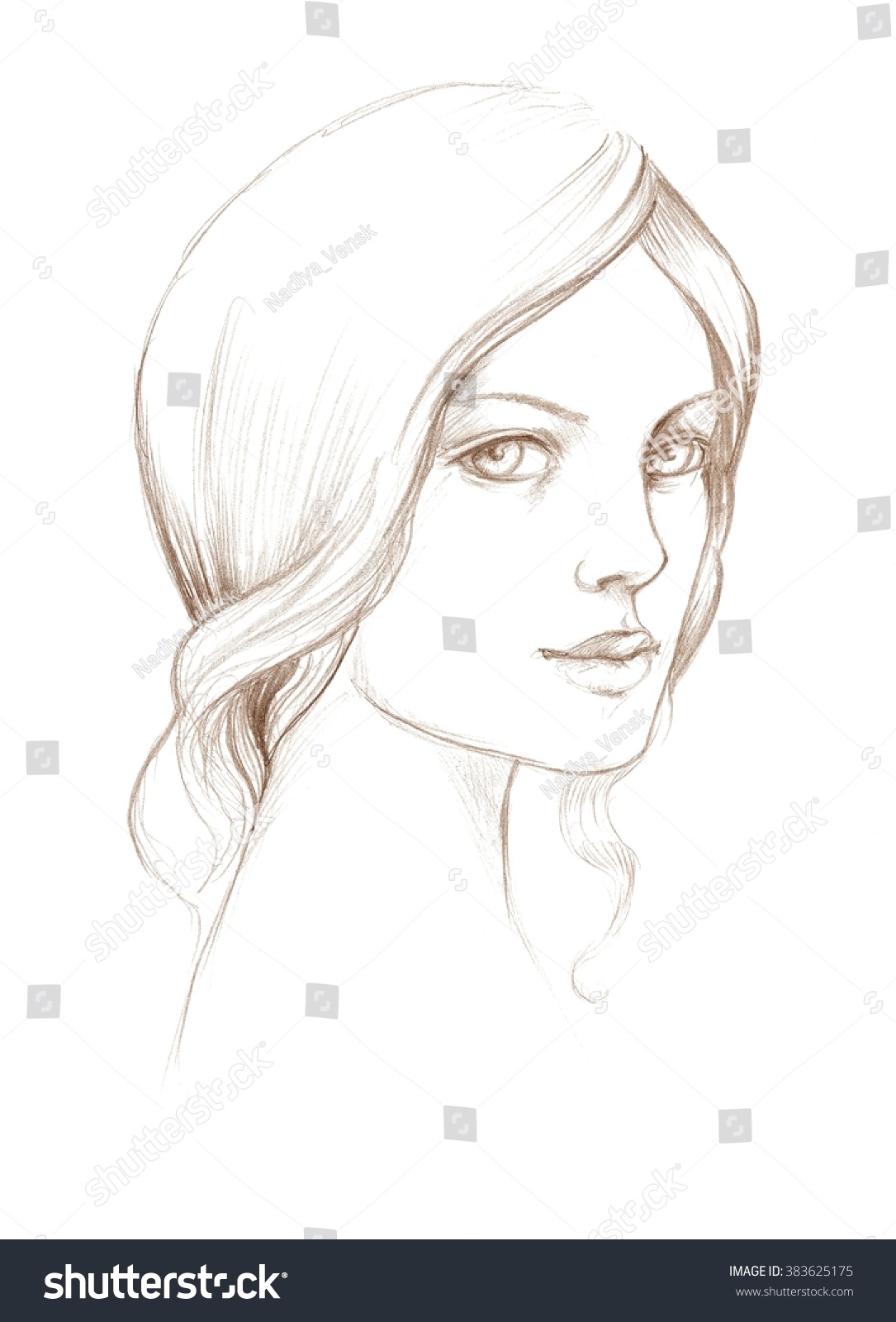 Pencil Drawing Portrait Pretty Woman Curly Stock Illustration