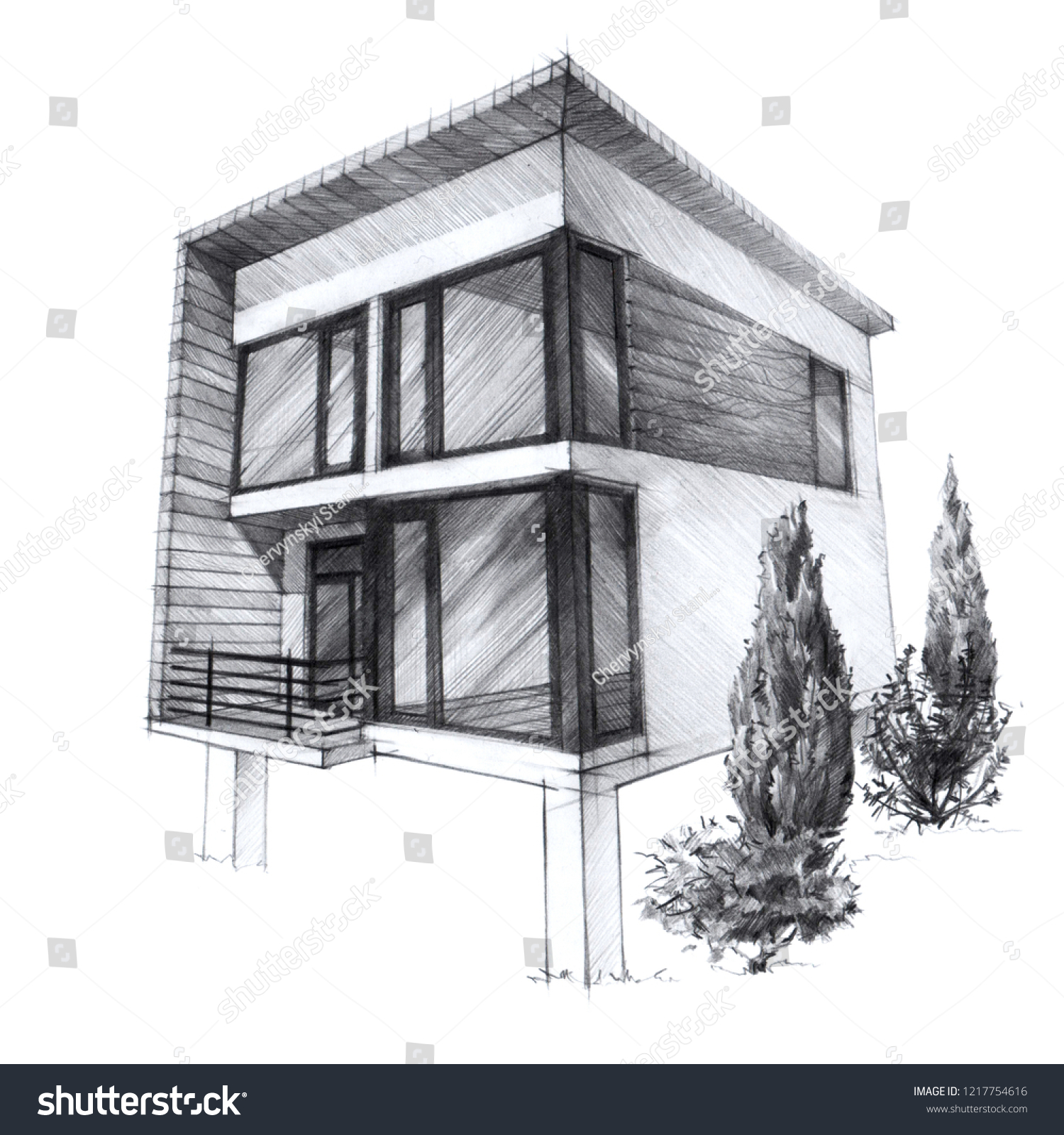 Pencil Sketch House Some Trees Shrubs: ilustración de stock 1217754616