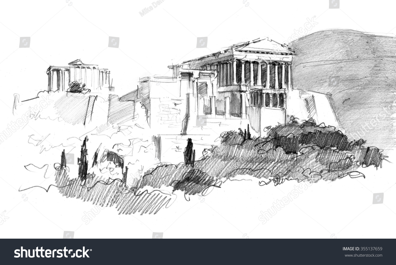 Pencil Sketch Of Acropolis Ruins In Greece Stock Photo 355137659 ...