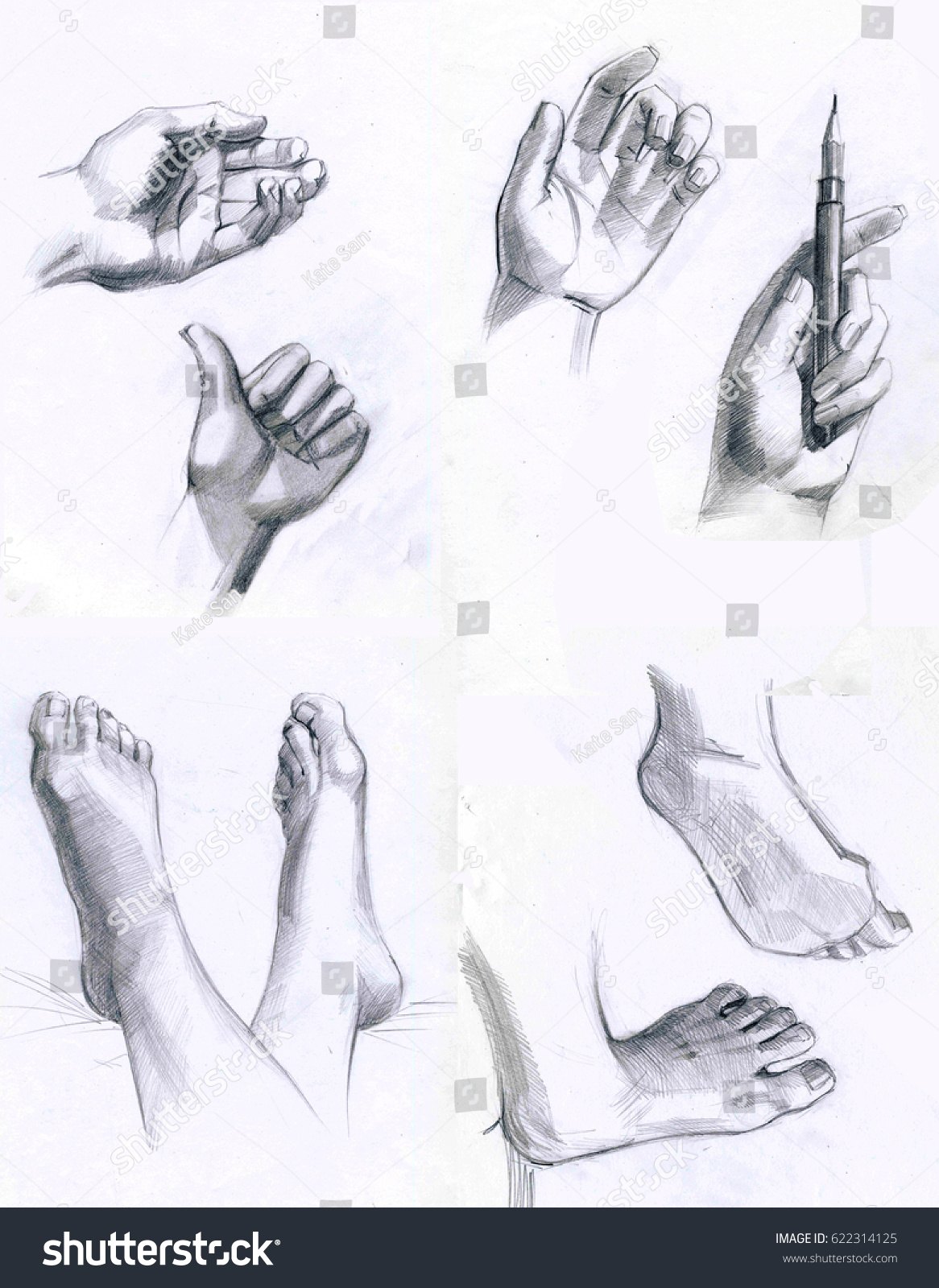 Pencil Sketch Hands Feet Person Gestures Stock Illustration