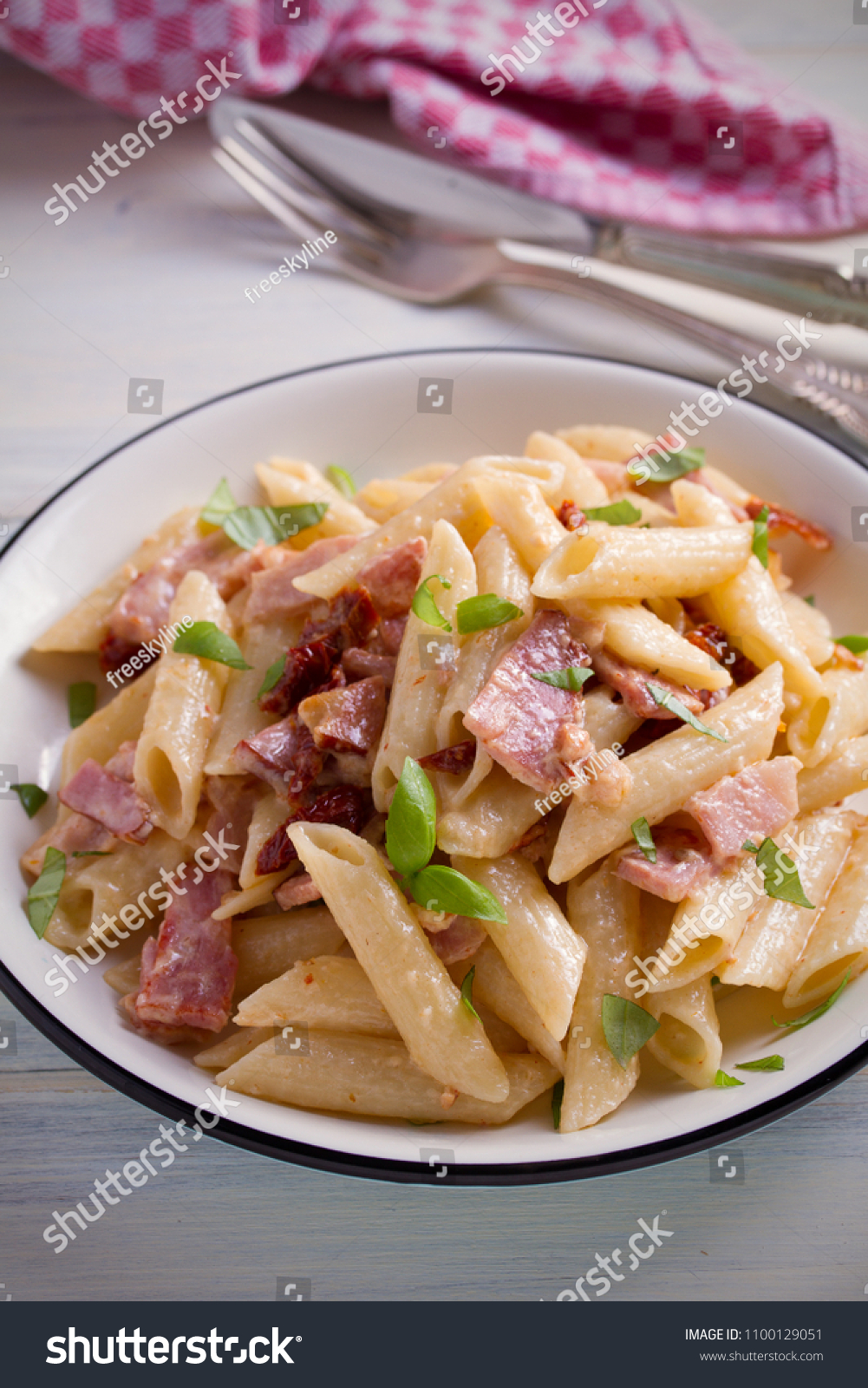 Penne Pasta Bacon Sundried Tomatoes Alfredo Food And Drink Stock Image 1100129051