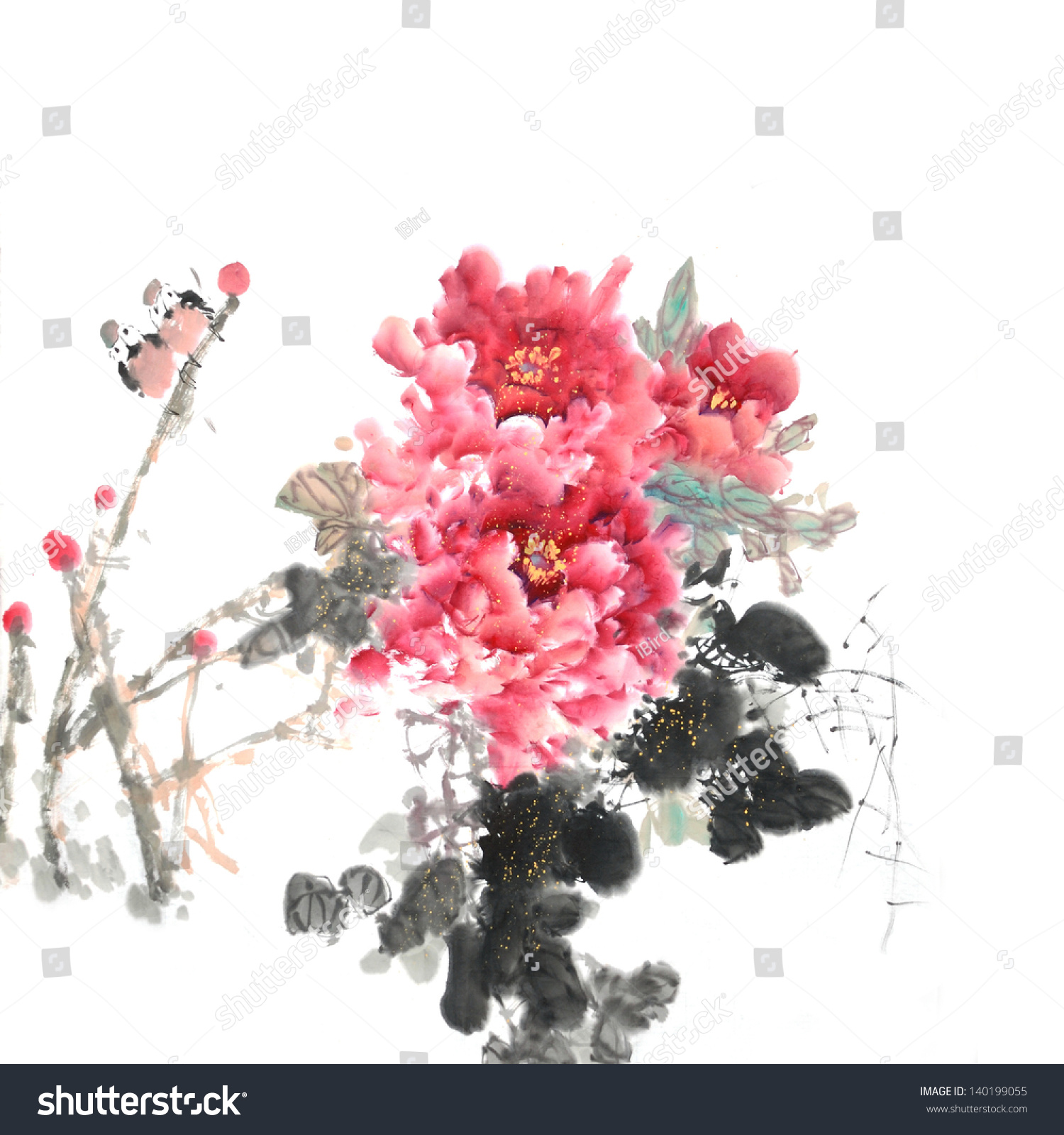 Peony Flower,Traditional Chinese Ink And Wash Painting. Stock Photo ...
