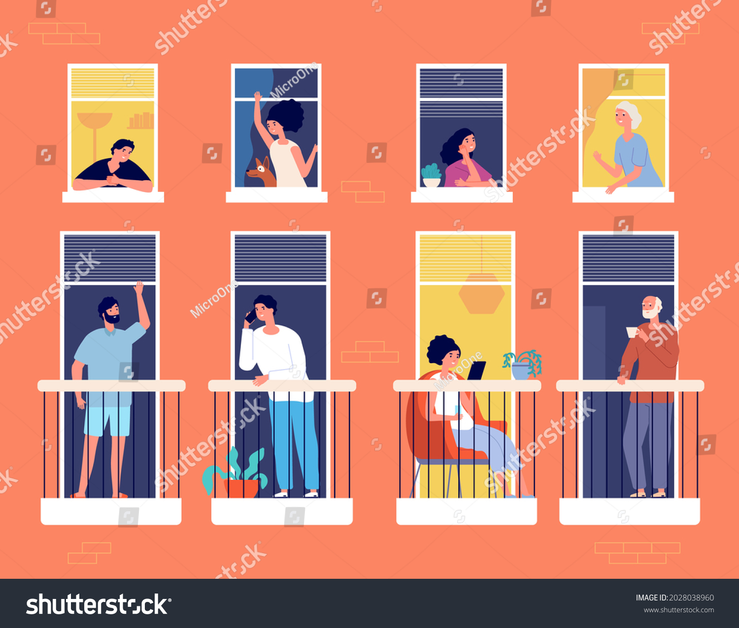 People On Balcony Modern Apartment Building Stock Illustration ...