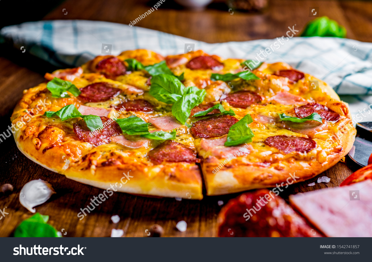 Pepperoni Pizza Mozzarella Cheese Salami Ham Stock Photo Edit Now