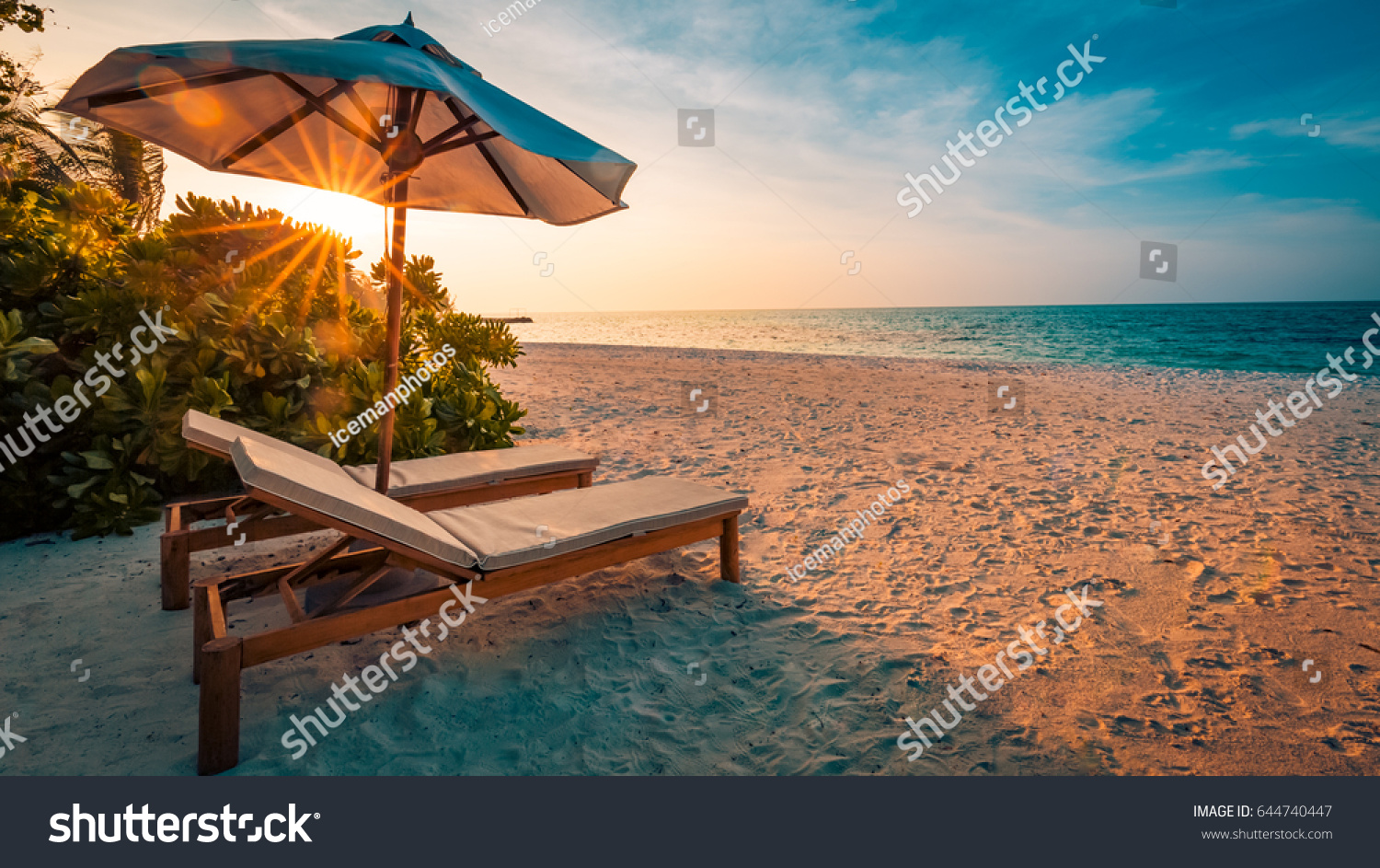 Perfect Beach Sunset Beach Chairs Palm Stock Photo 644740447 