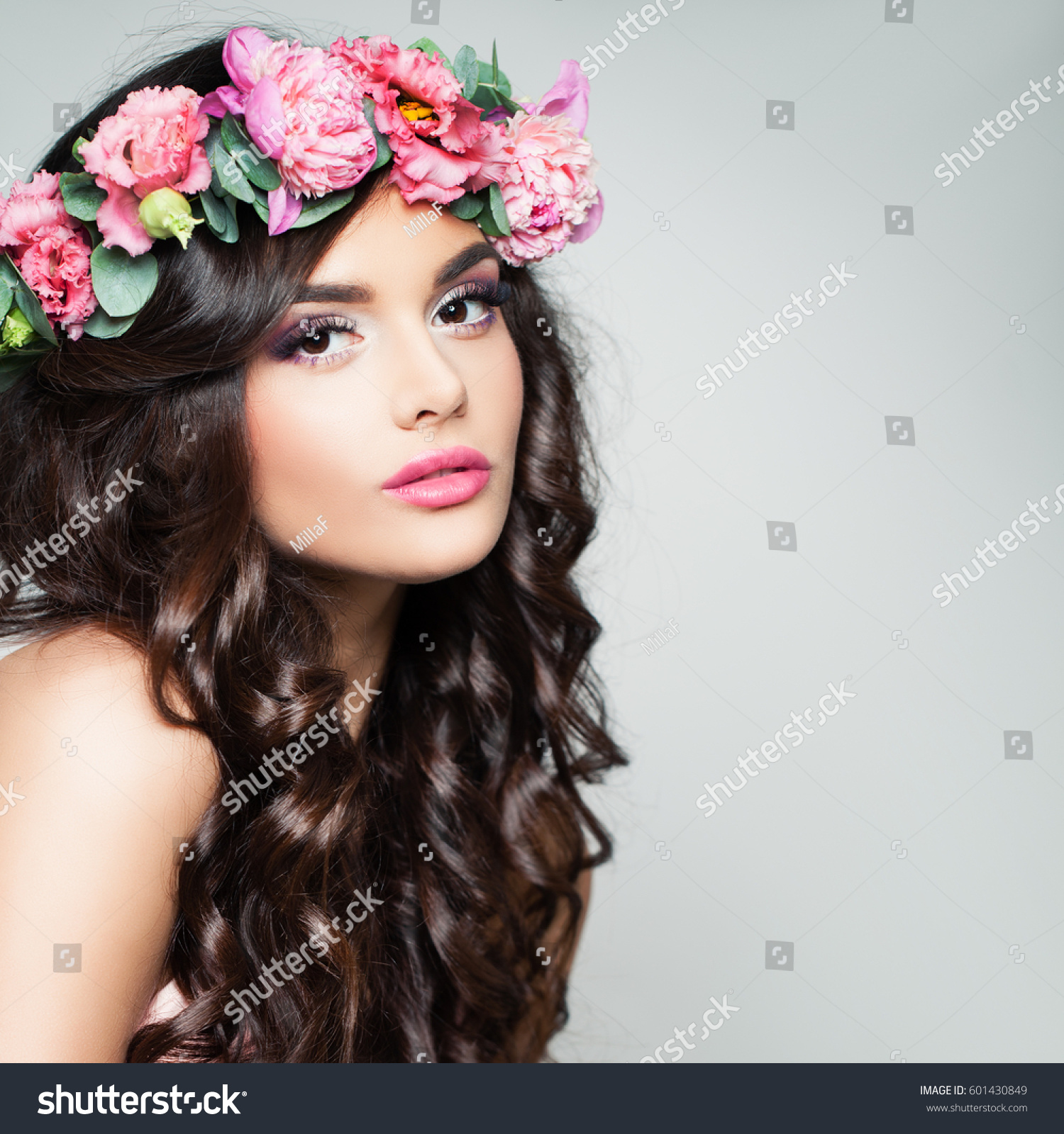 Perfect Brunette Model Curly Hair Flowers Stock Photo Edit Now