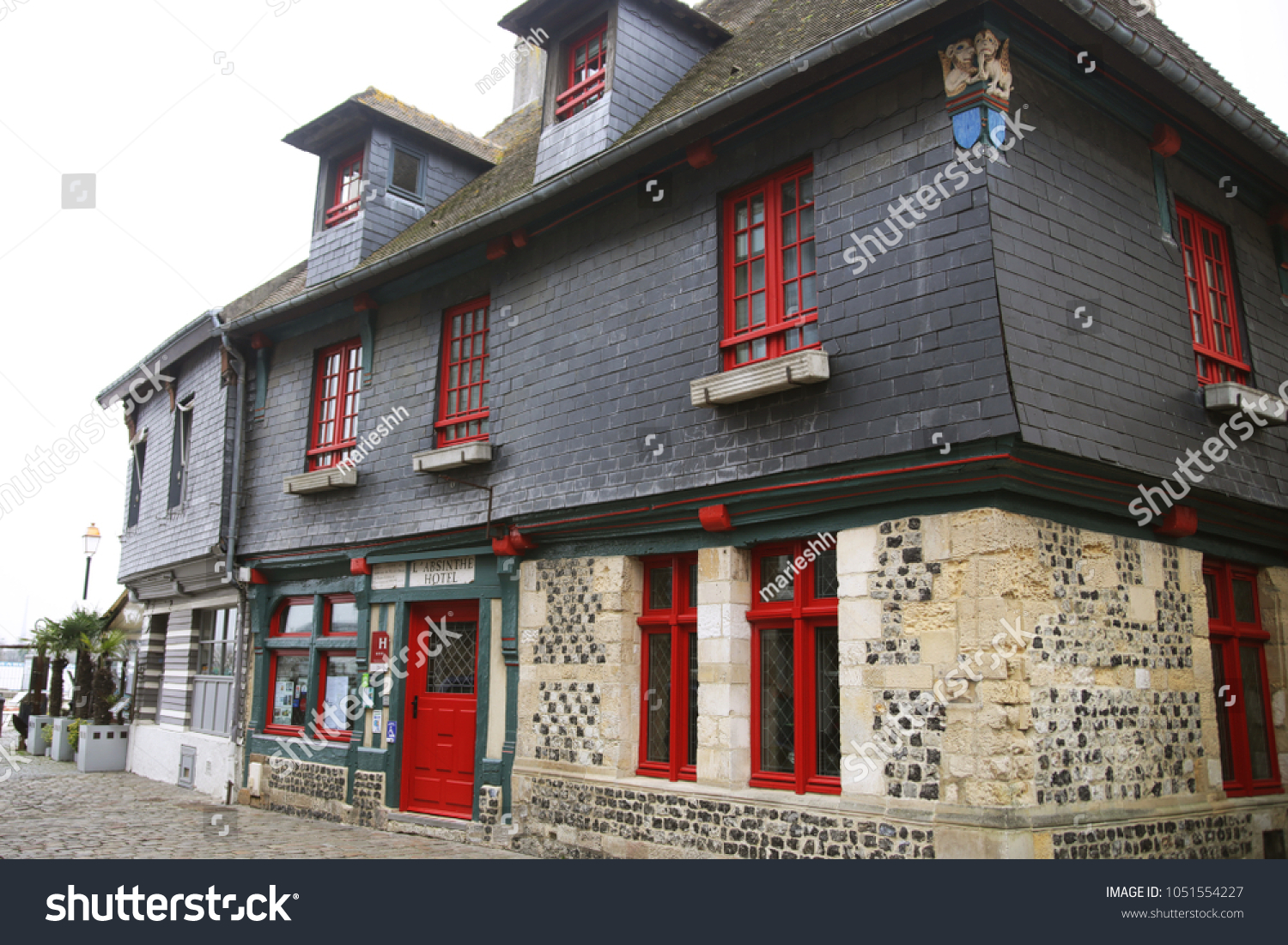 Perfect Gray House Red Door Windows Stock Photo Edit Now 1051554227