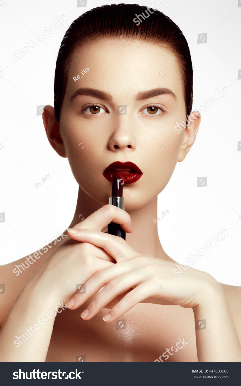 Perfect Lip Makeup Dark Red Lipstick Stock Photo Edit Now