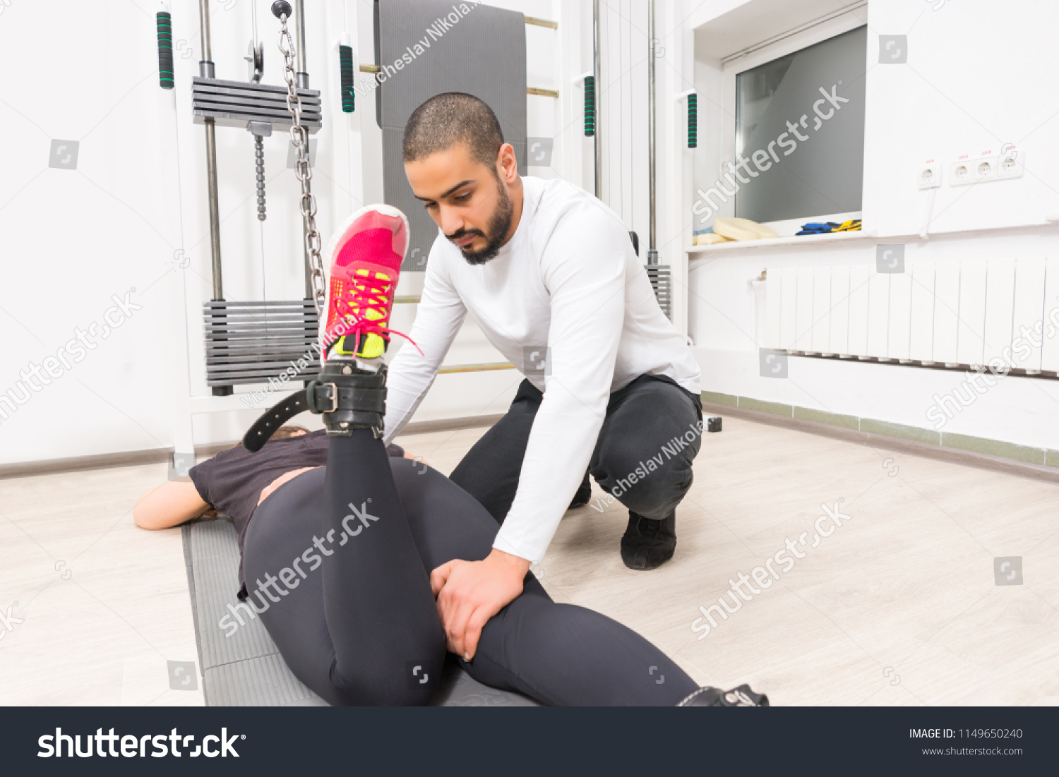 Personal Trainer Instructing Woman How Exercise Stock Photo 1149650240