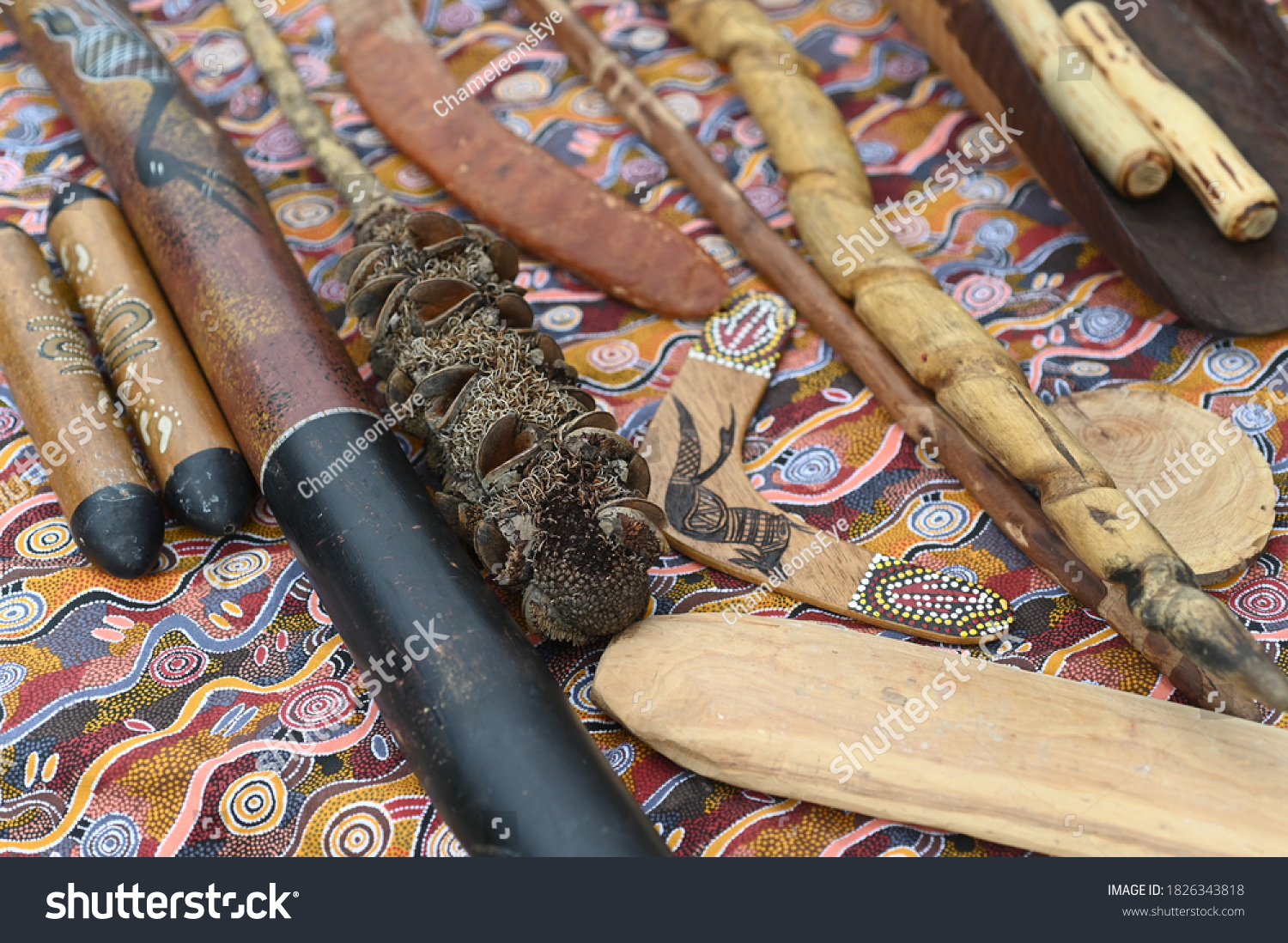 3 082 Im Genes De Aboriginal Weapon Im Genes Fotos Y Vectores De   Stock Photo Perth Oct Aboriginal Australians People Manufactured A Range Of Tools Utensils Music 1826343818 