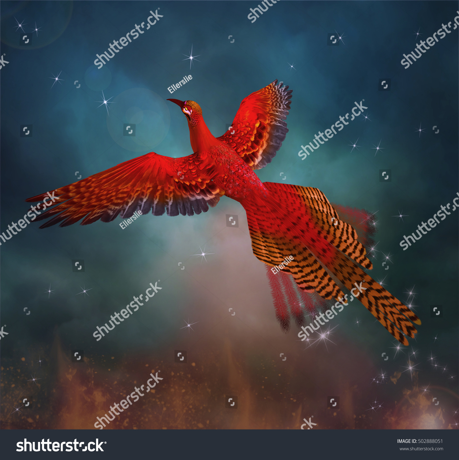 Phoenix Flies Through Sky 3d Illustration Stock Illustration 502888051 ...