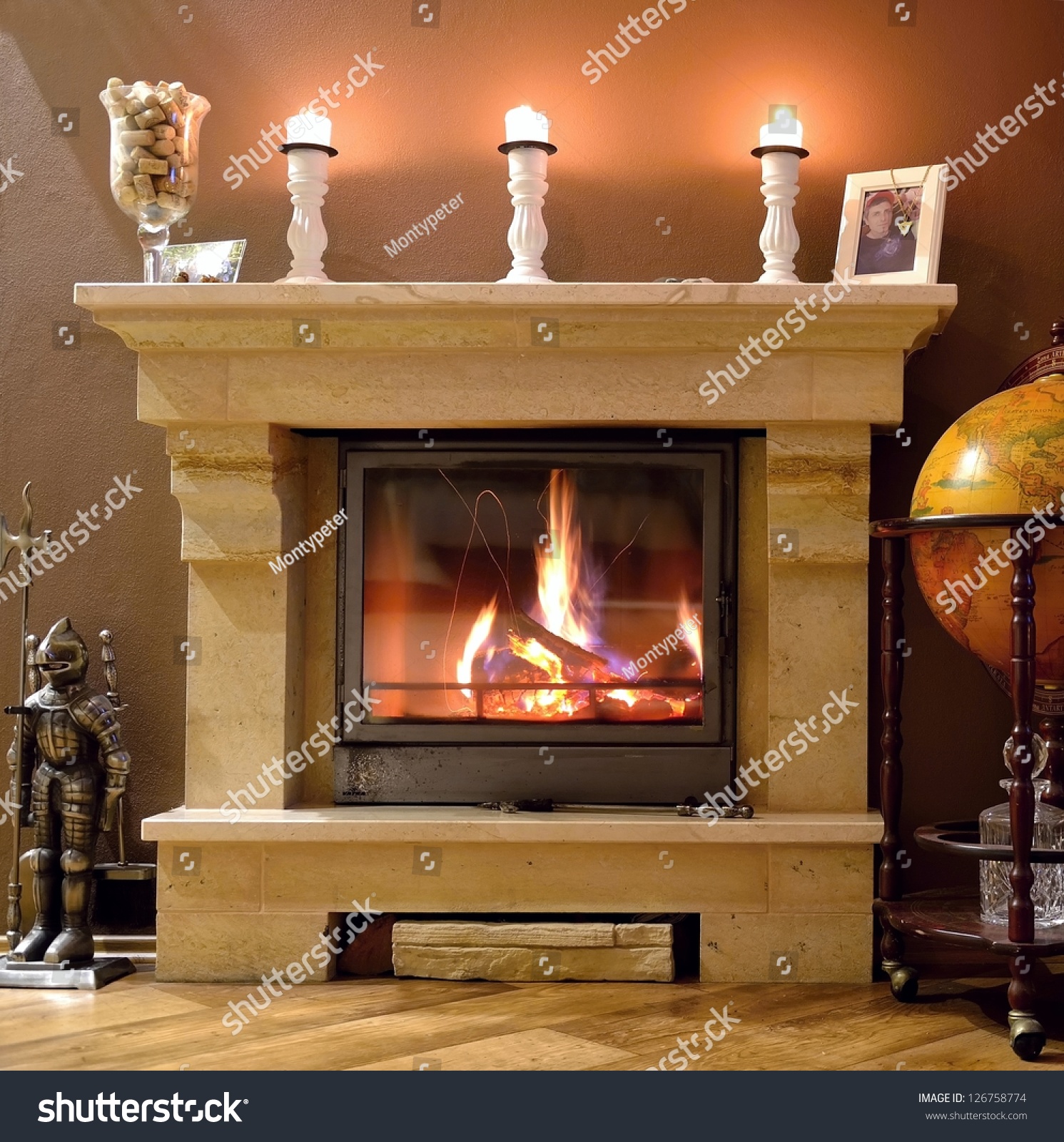 Photo Interior Home Burning Fireplace Candles Stock Photo Edit