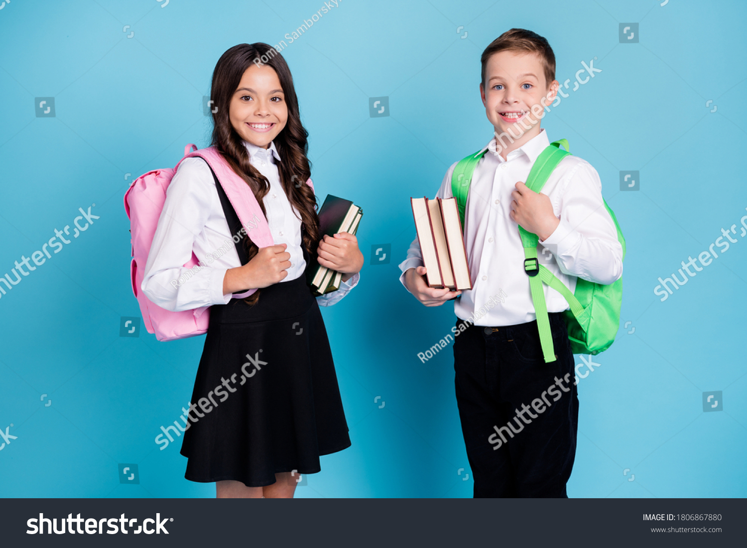 Photo Two Small Girl Boy Schoolchildren Stock Photo 1806867880 ...