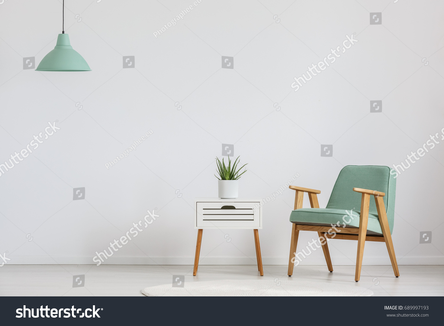 Photo White Wooden Cupboard Fresh Plant Stock Photo (Edit Now) 689997193