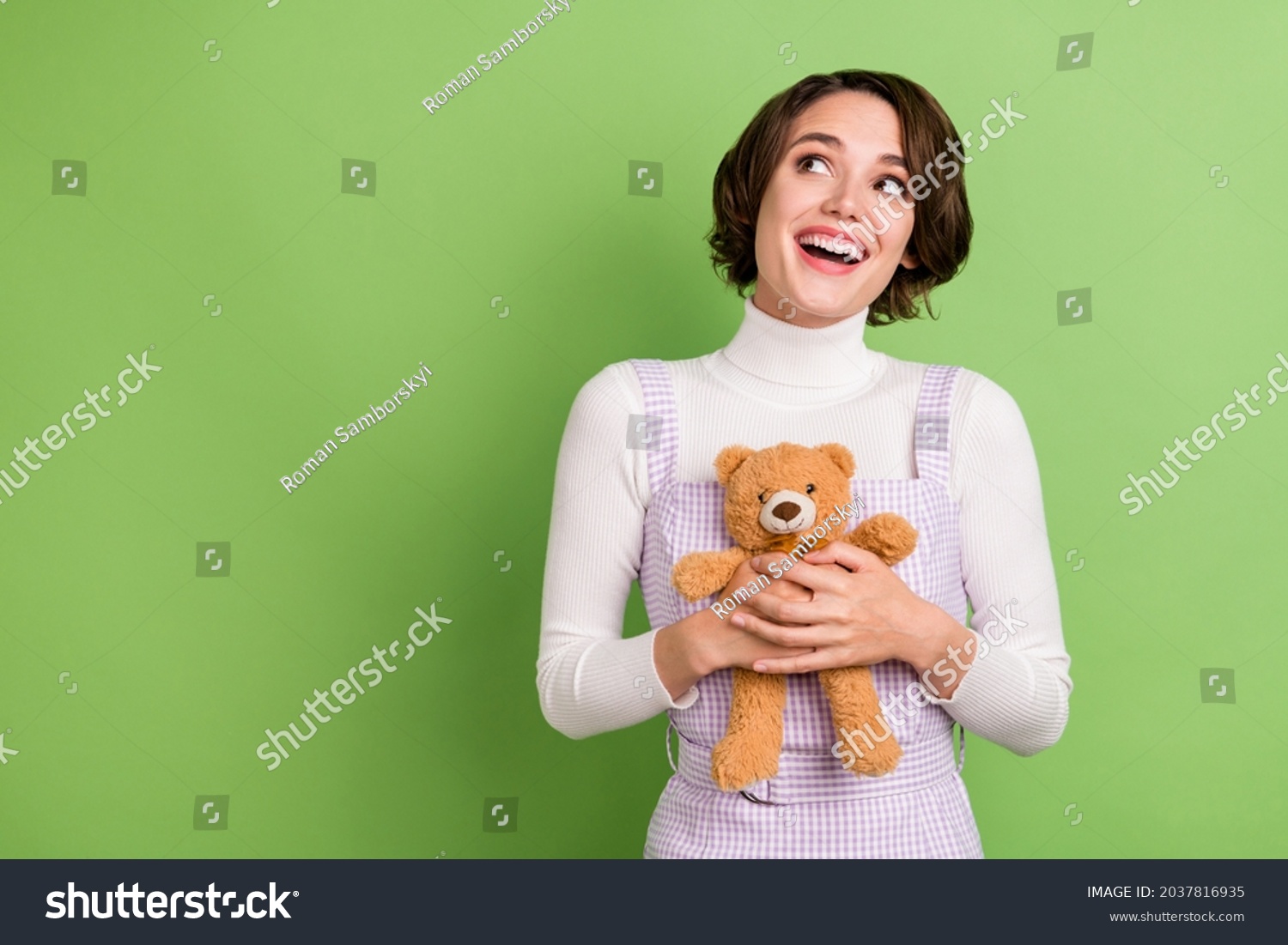 Photo Portrait Woman Keeping Soft Teddy Stock Photo 2037816935