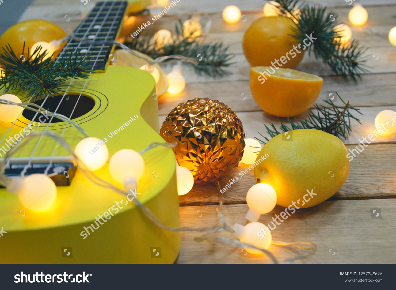 Photo Shot Guitar Fresh Orange Lemons Stock Photo Edit Now