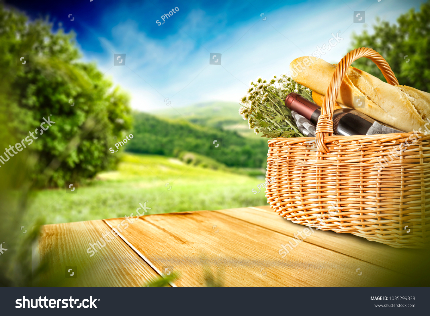 Picnic Basket On Wooden Table Free Stock Photo Edit Now 1035299338