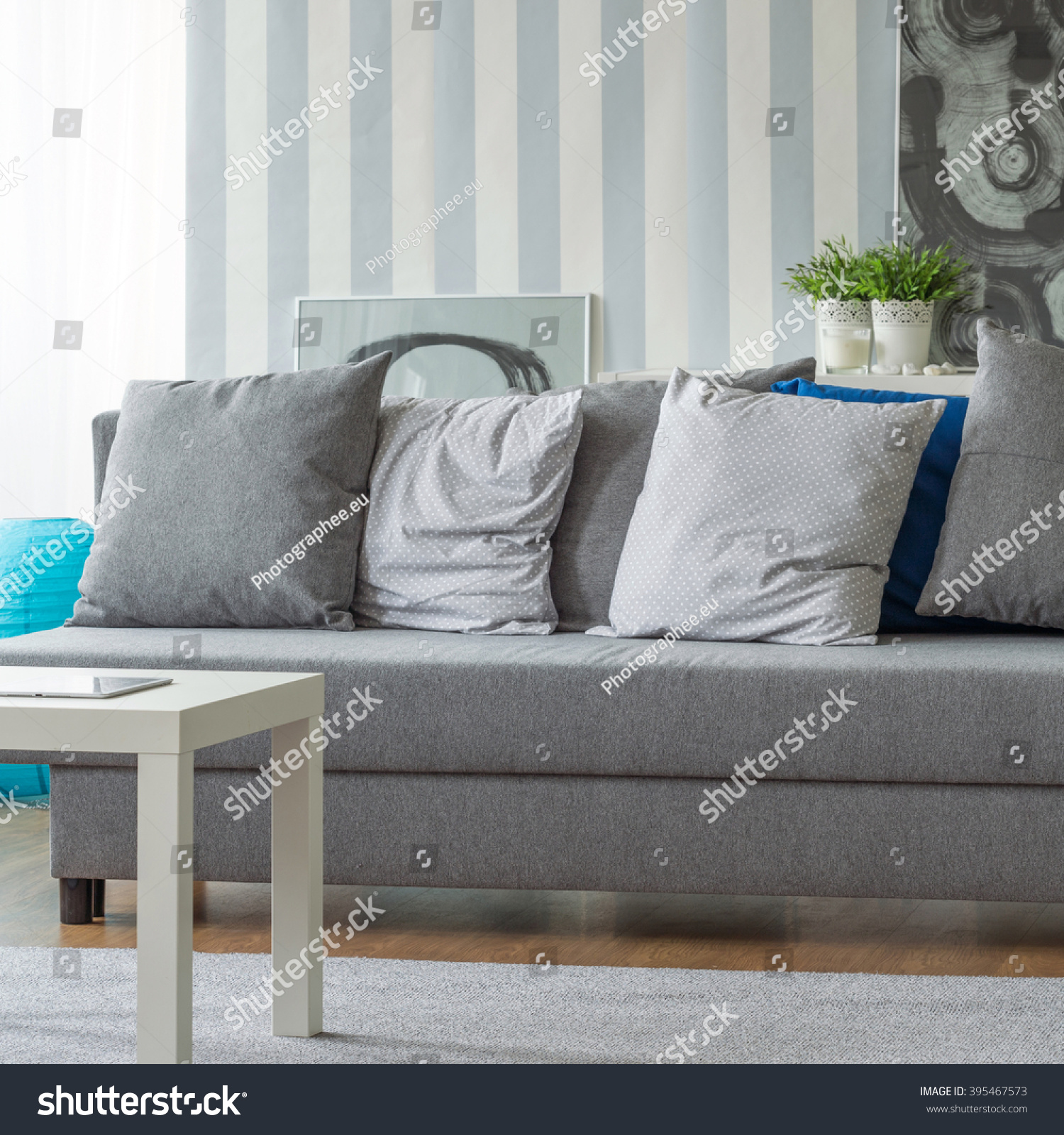 Picture Grey Sofa Small Decorative Pillows Stock Photo Edit Now 395467573