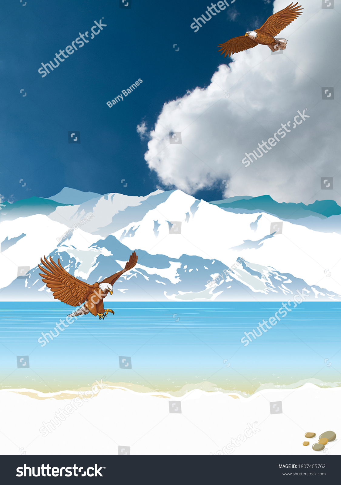 青い曇り空に鷲の釣りがセットされた海と山を持つ 美しい北極の風景 のイラスト素材