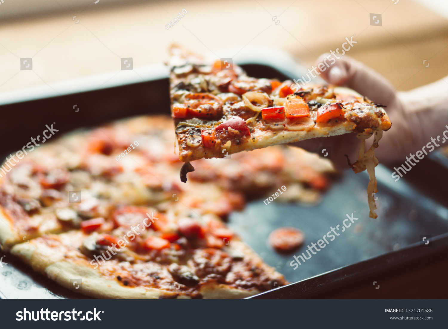 Piece Pizza Held Hands Woman Home Stock Photo Edit Now