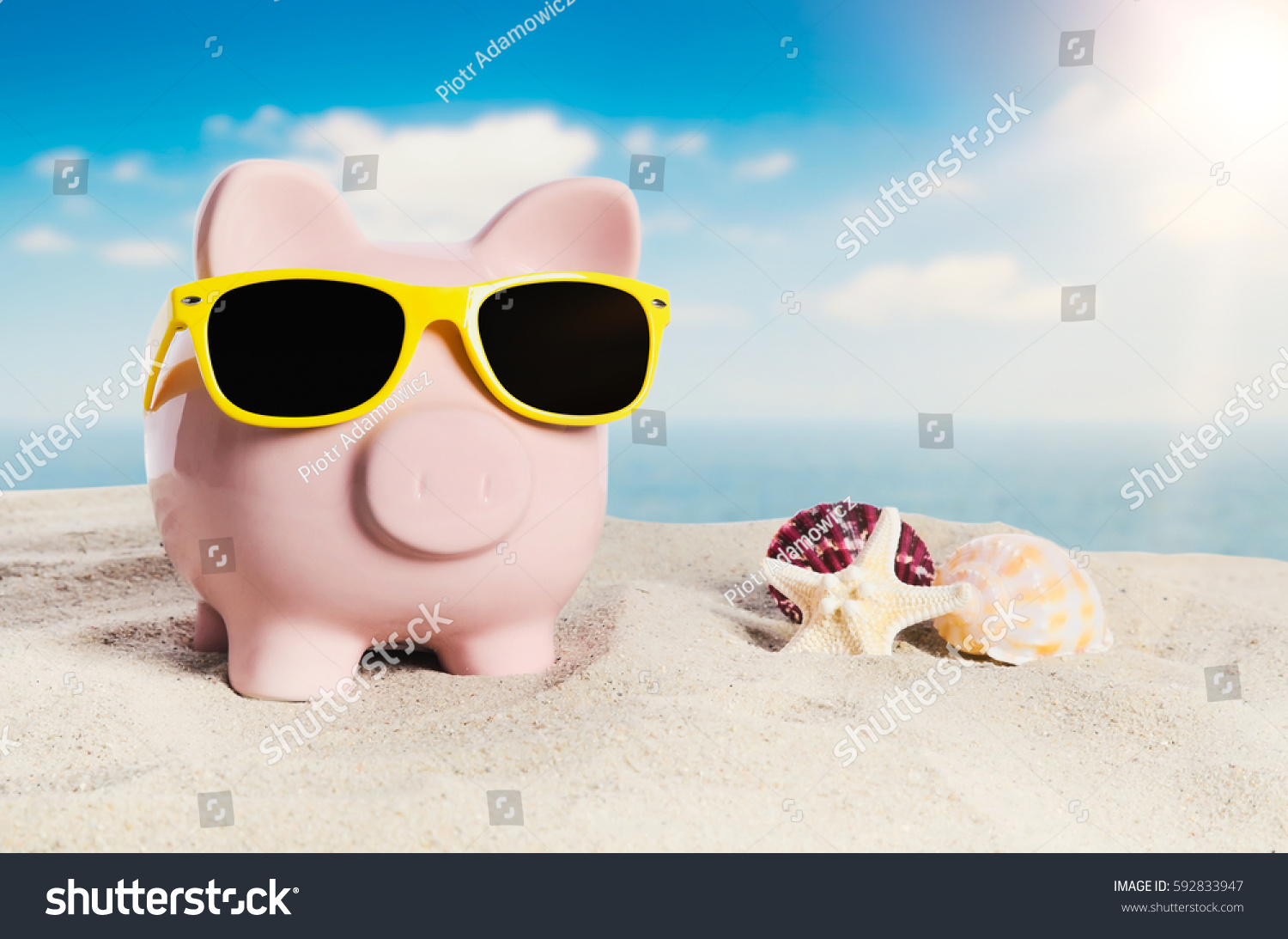 Piggy Bank Sunglasses On Vacation Concept Stock Photo Edit Now 592833947