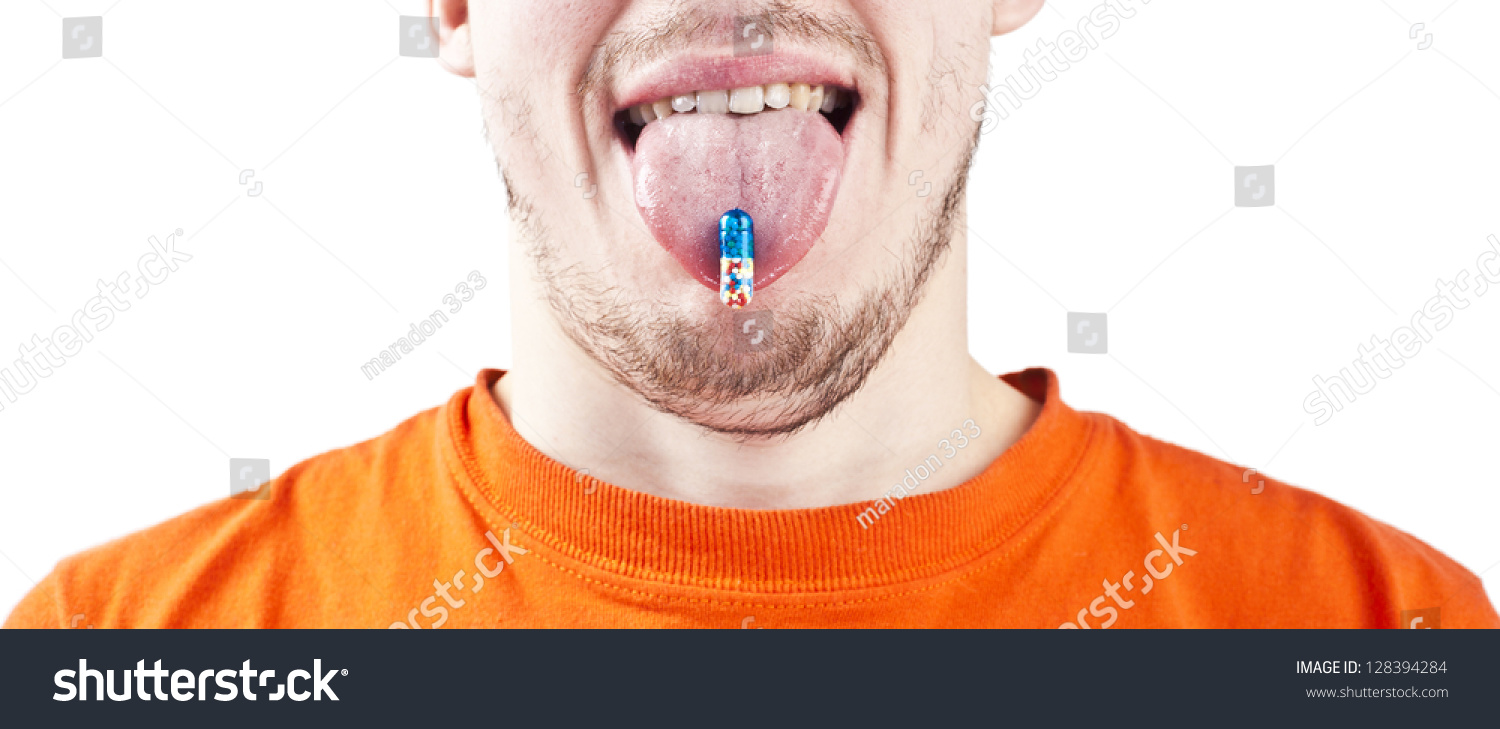 Pill On Tongue Hanging Out Man Isolated On White Stock Photo 128394284 ...