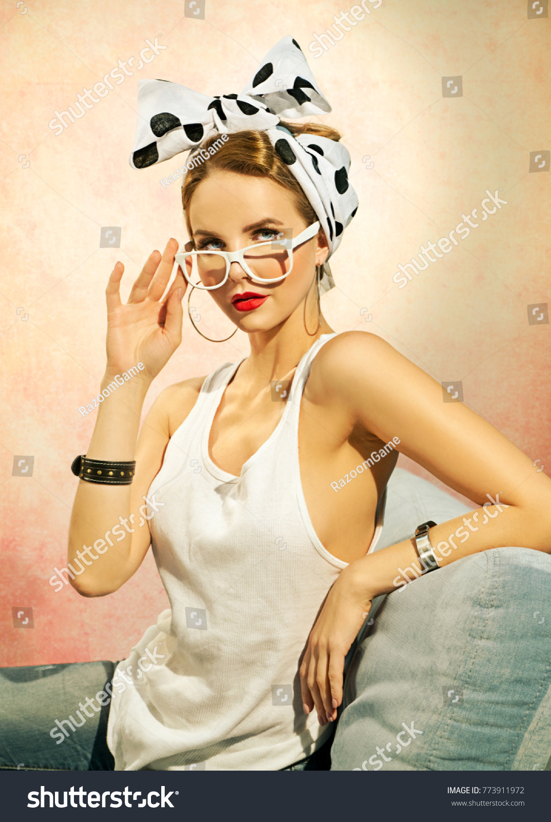 Pinup Girl Hair Bow White Tshirt Beauty Fashion Stock Image