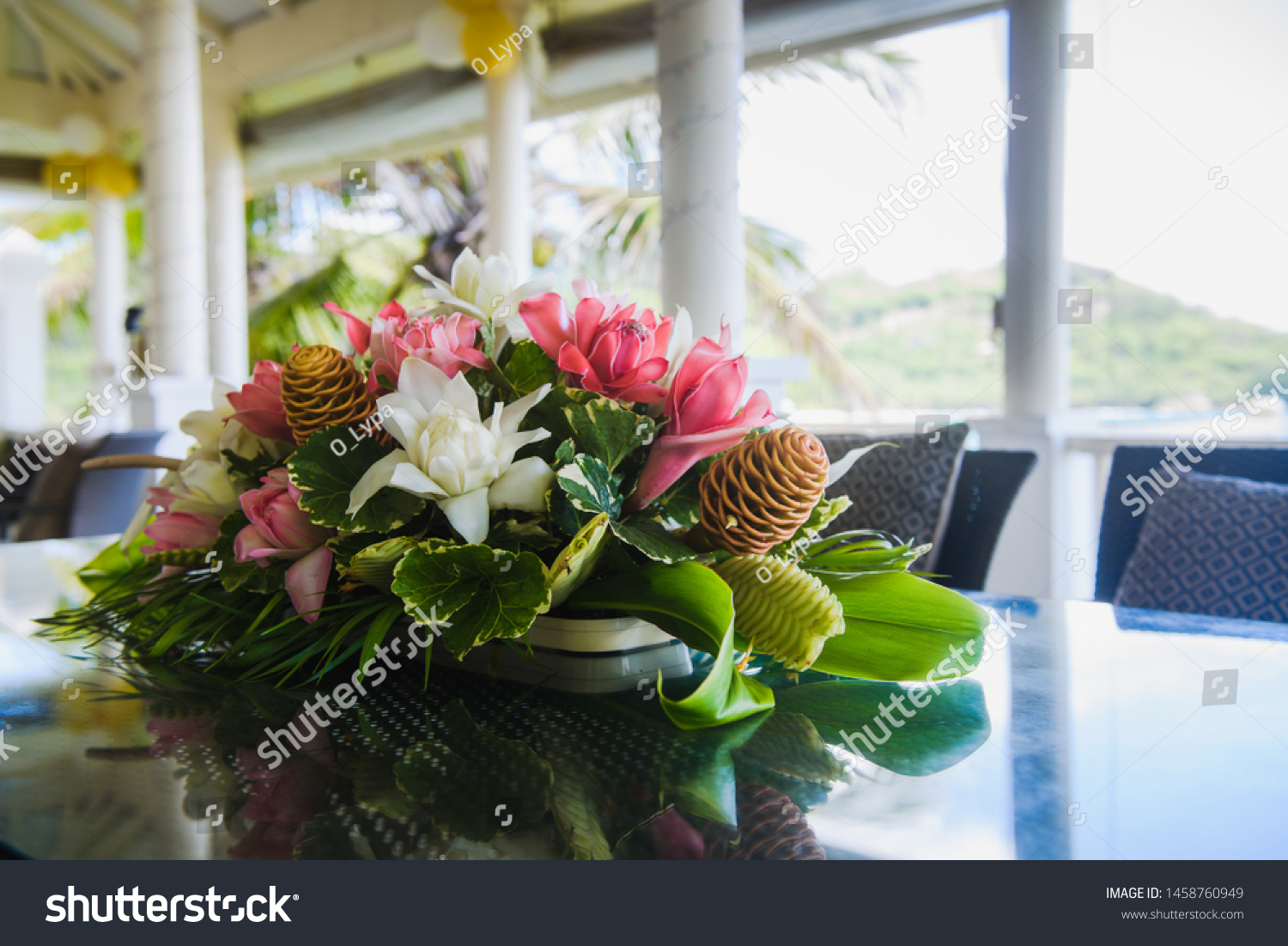 white and fuchsia Composition of exotic flowers artificial flowers